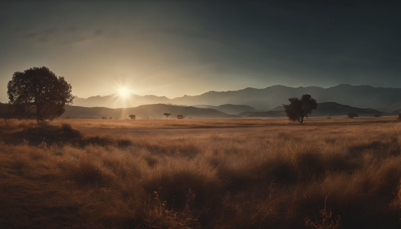 Strange alien landscape, Twin Suns, Atmospheric Color, fields, Background tree々, Dense foliage, animal, picturesque, photograph, synthwave