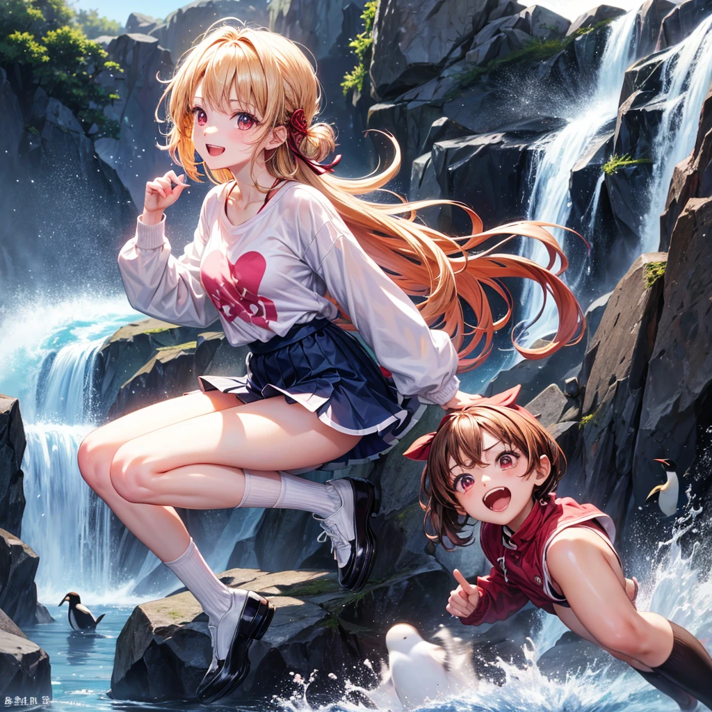 Pink gold golden hair、Red eyes、One good looking girl、solo、anime、Checkered mini skirt、The skirt has buttons、one piece、Blue camisole、White T-shirt、Jin、Long sleeve、Black knee-high socks、Wearing a ribbon、Ribbon on waist、Tilting face、Teeth are visible、waterfall、tunnel、Sunset sky、The water surface is exploding、The rocks are exploding、Penguins are walking、Snow is piled up