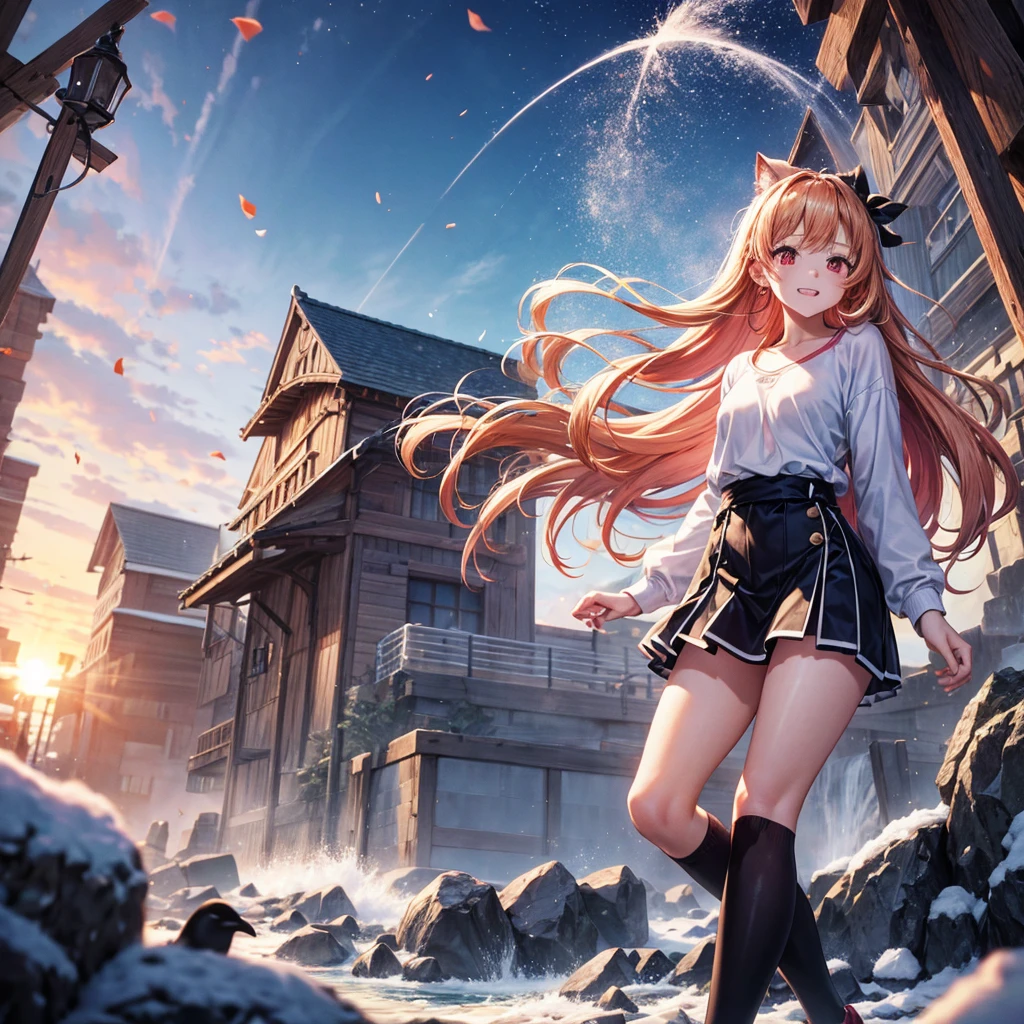 Pink gold golden hair、Red eyes、One good looking girl、solo、anime、Checkered mini skirt、The skirt has buttons、one piece、Blue camisole、White T-shirt、Jin、Long sleeve、Black knee-high socks、Wearing a ribbon、Ribbon on waist、Tilting face、Teeth are visible、waterfall、tunnel、Sunset sky、The water surface is exploding、The rocks are exploding、Penguins are walking、Snow is piled up