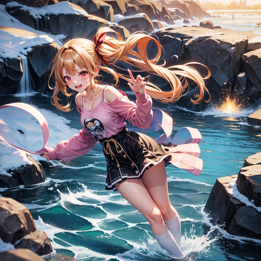 Pink gold golden hair、Red eyes、One good looking girl、solo、anime、Checkered mini skirt、The skirt has buttons、one piece、Blue camisole、White T-shirt、Jin、Long sleeve、Black knee-high socks、Wearing a ribbon、Ribbon on waist、Tilting face、Teeth are visible、waterfall、tunnel、Sunset sky、The water surface is exploding、The rocks are exploding、Penguins are walking、Snow is piled up