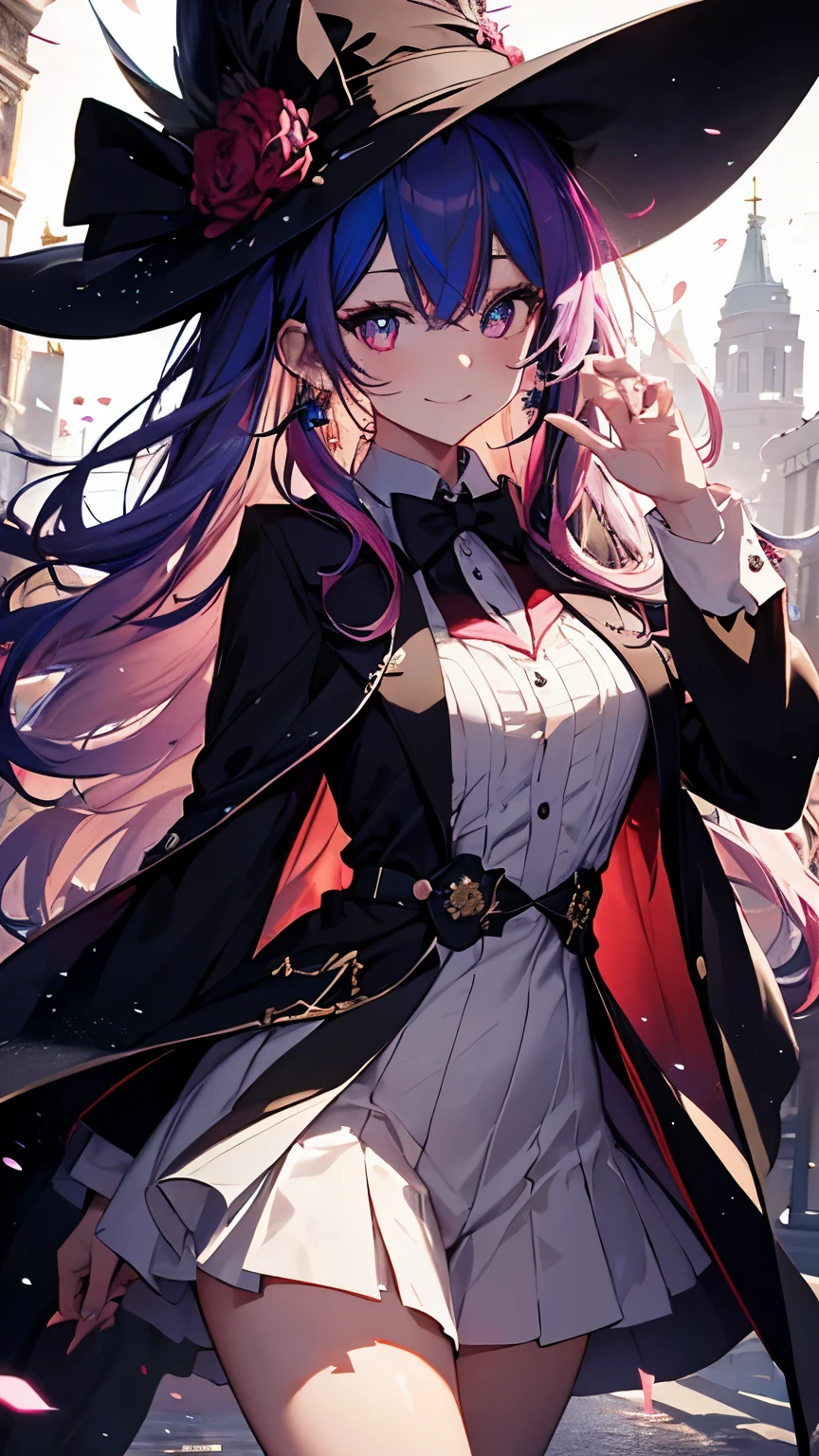 (best quality,32K,HD,4x ultra-sharp, high-res, professional), cinematic, ((multicolored hair)), hair strand, crystal hair, witch hat, (big hat), mismatched pupils, glowing eyes, crystal earrings, fingersmile, smiley, cinematic lighting, Magician girl, expensive and luxurious robe, pink bow tie, swirl of light, torrent of light, fantastic world