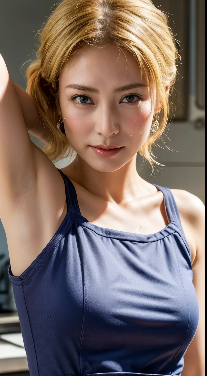 (Ultra HD、Ultra-high resolution、8k、Japanese Housewife、In the kitchen)、Attention in the armpits、((Look Viewer:1.8))、(Extremely realistic skin texture:1.4)、(Realistic:1.3)、short hair、(smile:0.5)、(blonde:1.4)、40-year-old woman、Ponytail hairstyle、(Lift one arm and show your armpit:1.3)、(Face close-up:1.32)、(Sweaty:1.4)、good、camisole