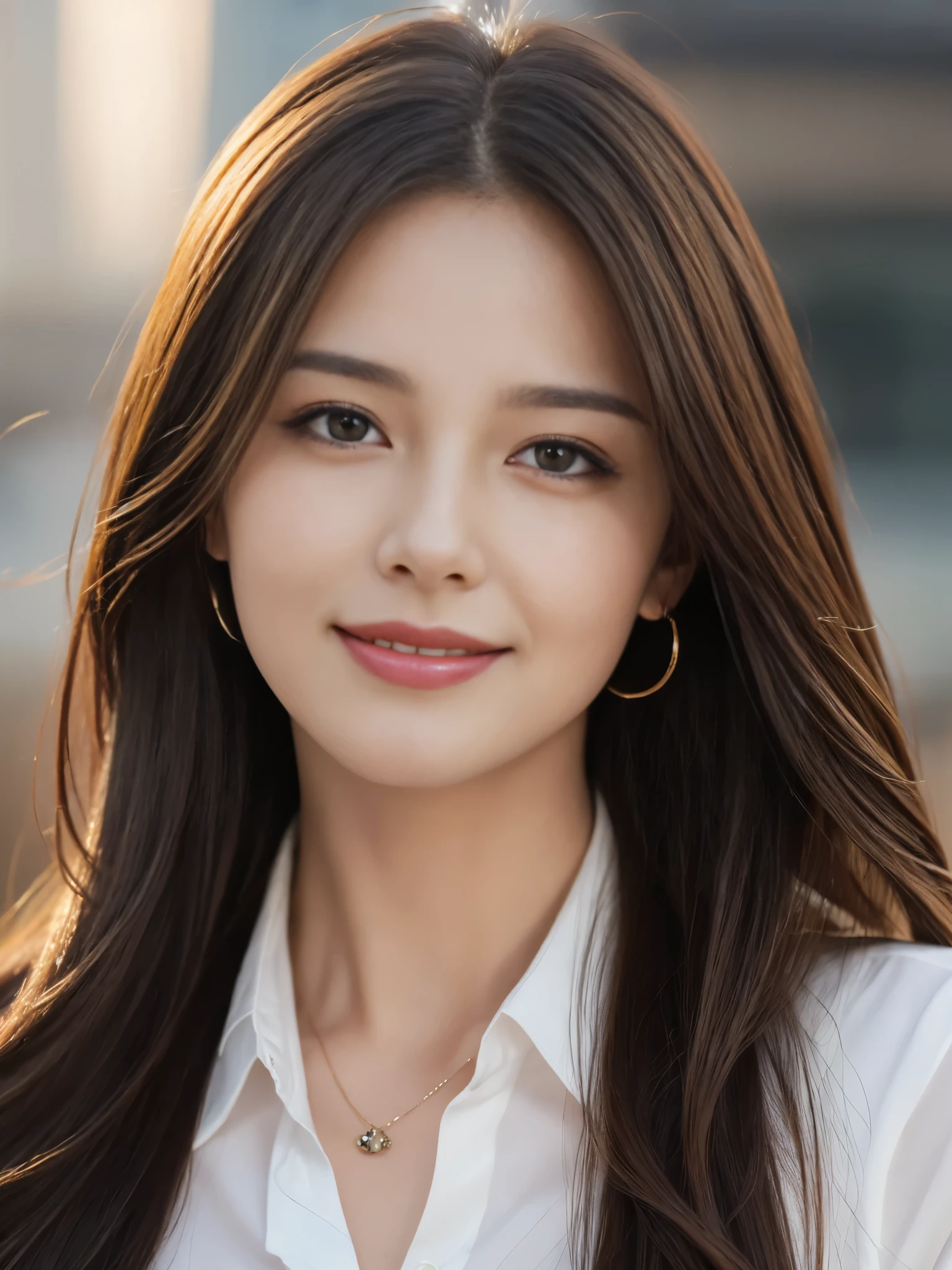 table top, highest quality, realistic, Super detailed, finely, High resolution, 8k wallpaper, 1 beautiful woman,, light brown messy hair, wearing a business suit, sharp focus, perfect dynamic composition, beautiful and detailed eyes, thin hair, Detailed realistic skin texture, smile, close-up portrait, model body shape
