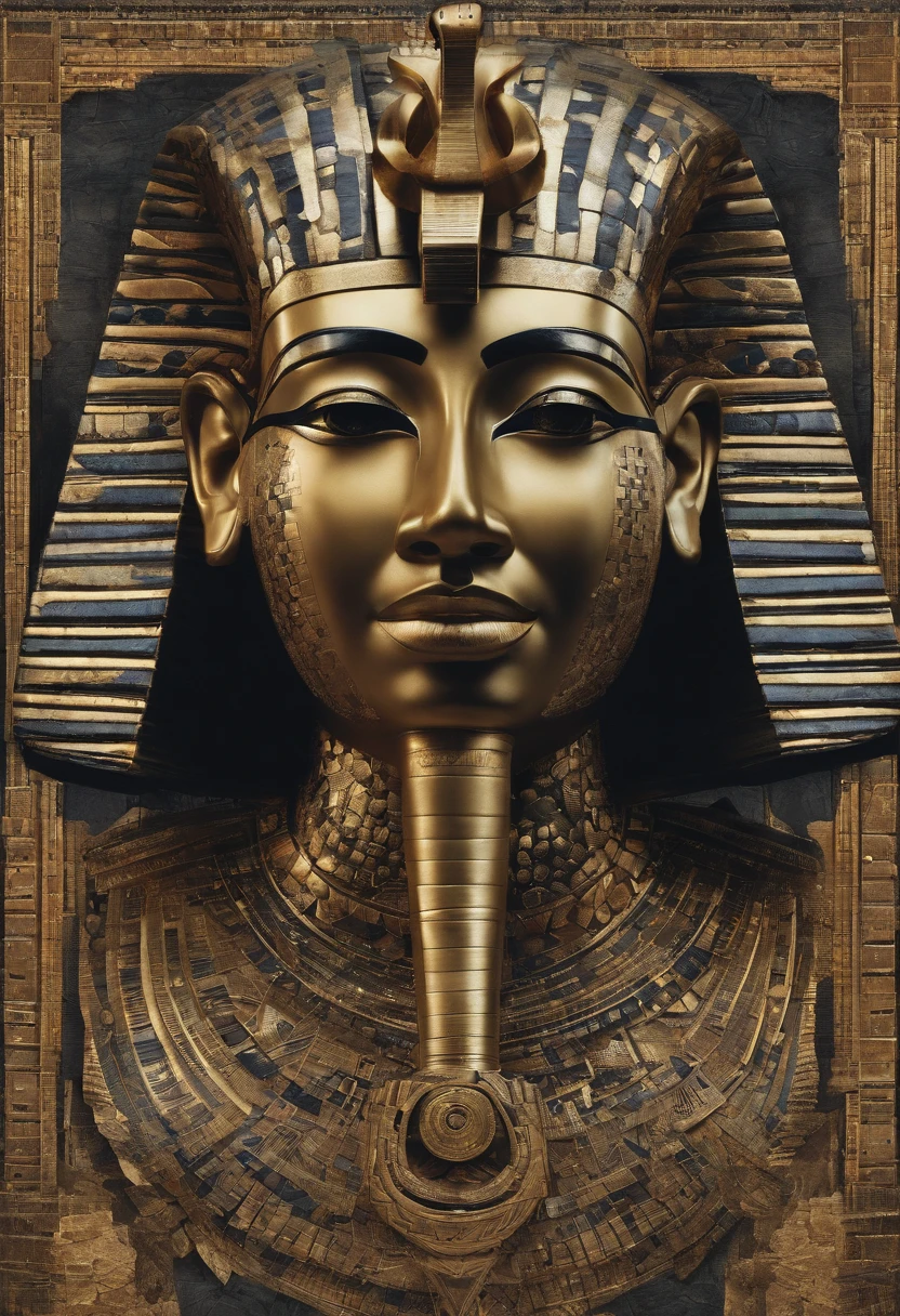 The smiling Egyptian man was covered in small people wearing various forms of black clothing., In the form of detailed atmospheric portraits, Indigo and Bronze, Made from all of the above, social media portrait photography, exquisite texture, disrupted, funny expressions,funny expression