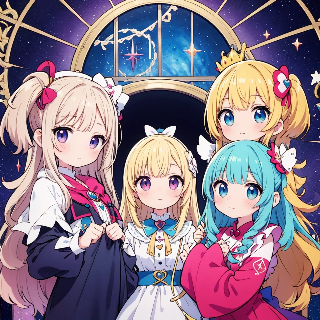 Multiple Girls、Each hairstyle　Hair color is different、masterpiece、highest quality、Anime Magical Girl、Cute heart-shaped magic wand、Hooded cloak、Headset on head、Idol&#39;s clothes,White long boots、Pouch on the waist、kawaii tech,