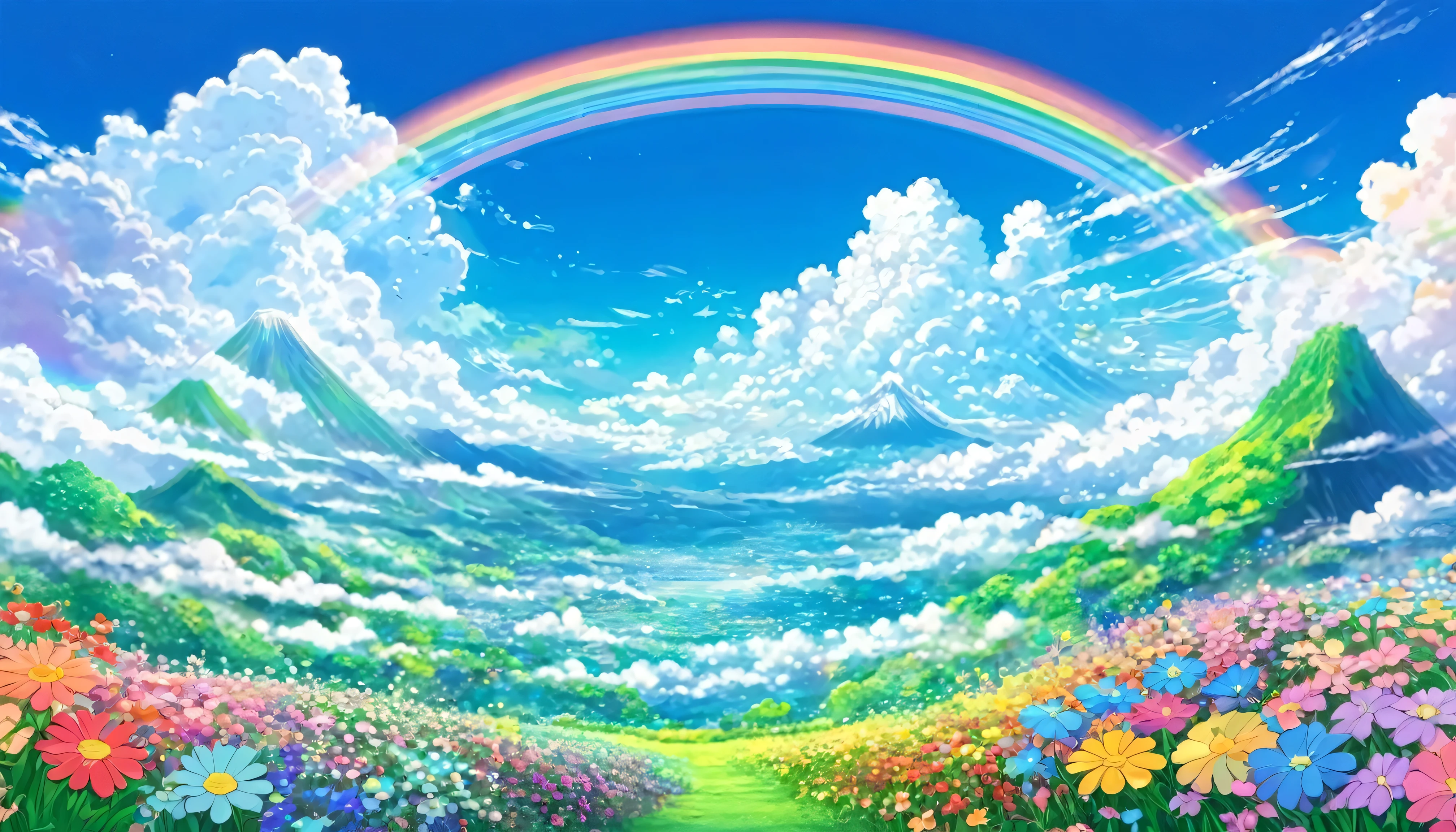 Lots of colorful flowers and clouds in the background、Colorful and beautiful art、Pastel colors overall、Fantasy World、Big Rainbow、Japanese anime style
