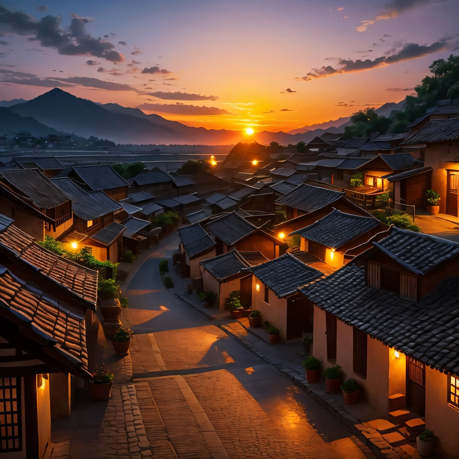 traditional village with sunset, coffee
