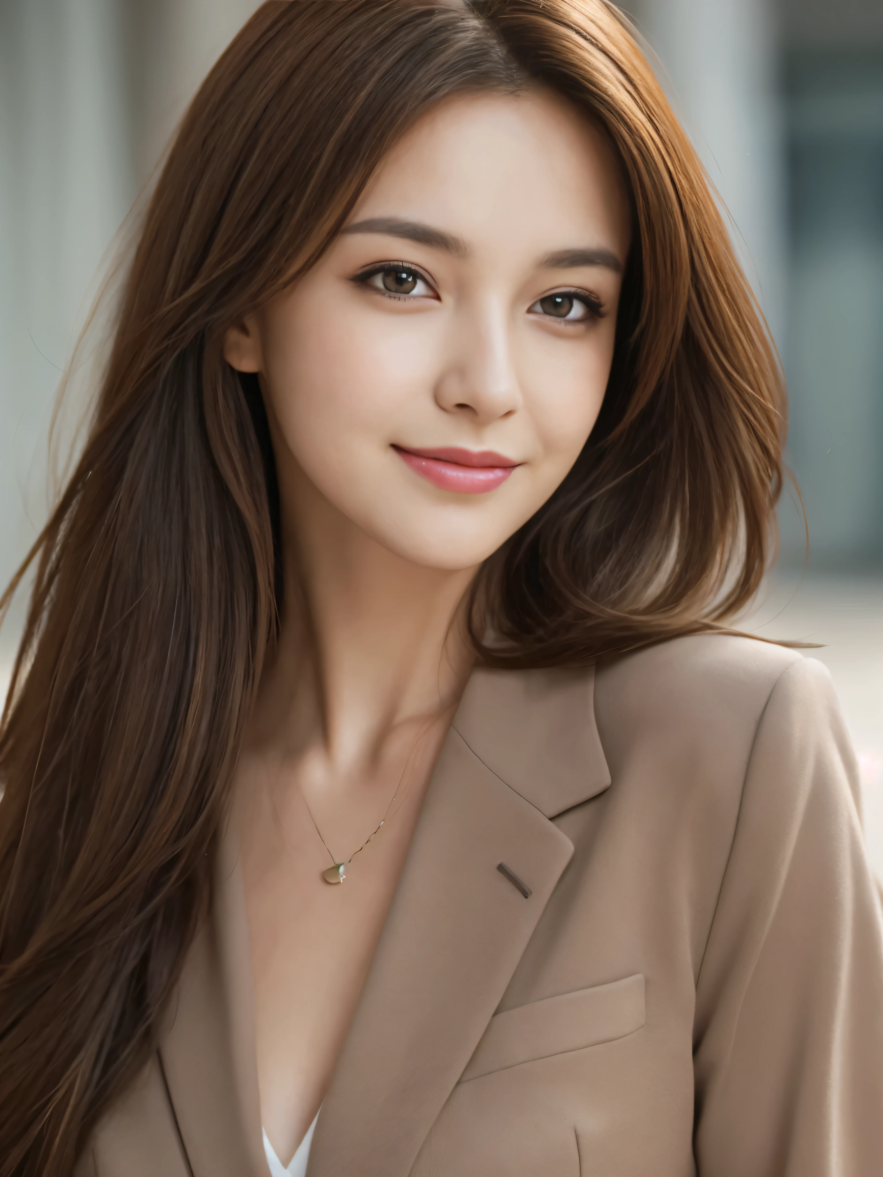 table top, highest quality, realistic, Super detailed, finely, High resolution, 8k wallpaper, 1 beautiful woman,, light brown messy hair, wearing a business suit, sharp focus, perfect dynamic composition, beautiful and detailed eyes, thin hair, Detailed realistic skin texture, smile, close-up portrait, model body shape