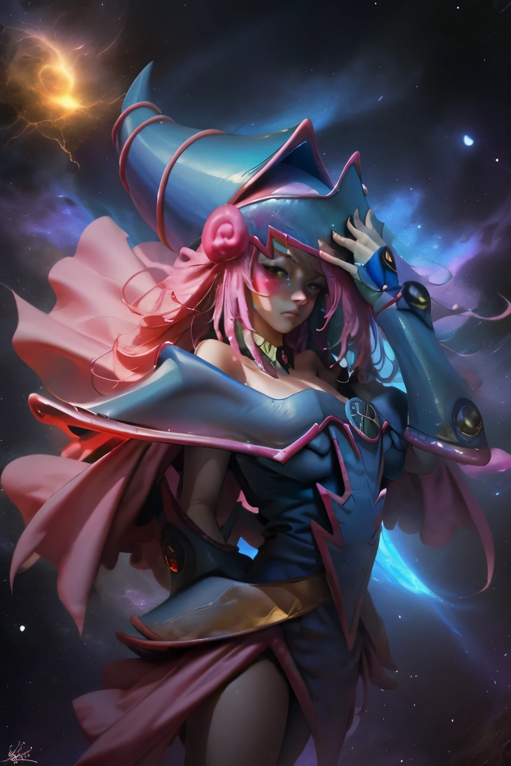 Giles magos oscuros. magos oscuros. ojos azules. cabello rubio. labios rojos. Detailed Features.., cosmic colors, ethereal lighting, Pintura surrealista, high resolution, otherworldly atmosphere, Seres celestiales. Hermosa diosa