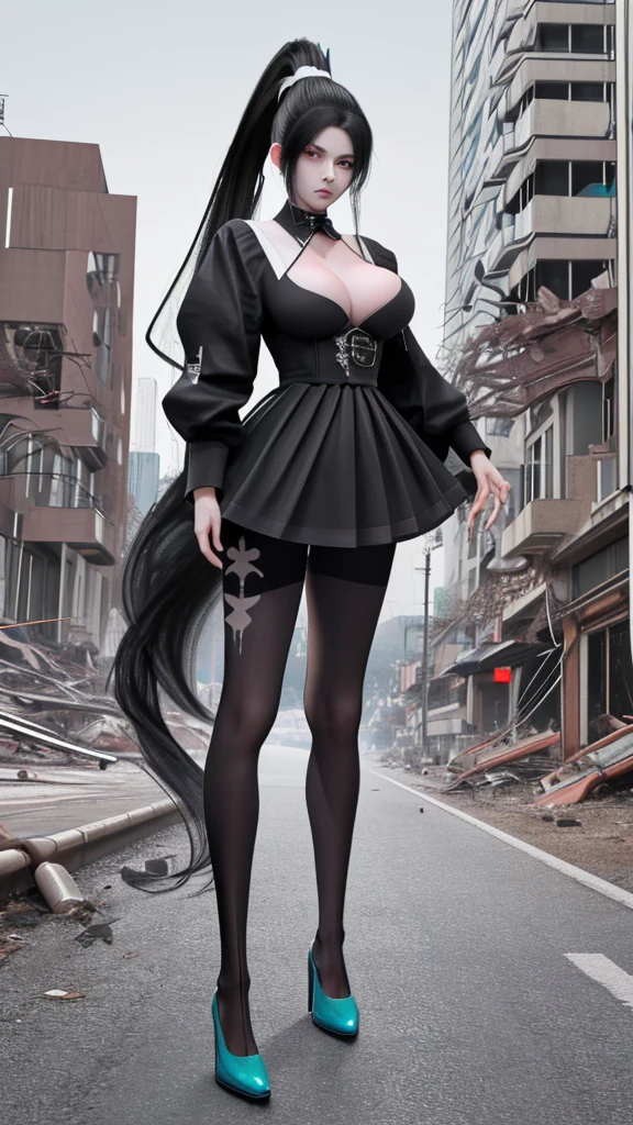 Black and white, two-color long hair, ponytail, big breasts, turquoise tights, cleavage, high-heeled shoes, long sword, adult woman standing in ruined city
