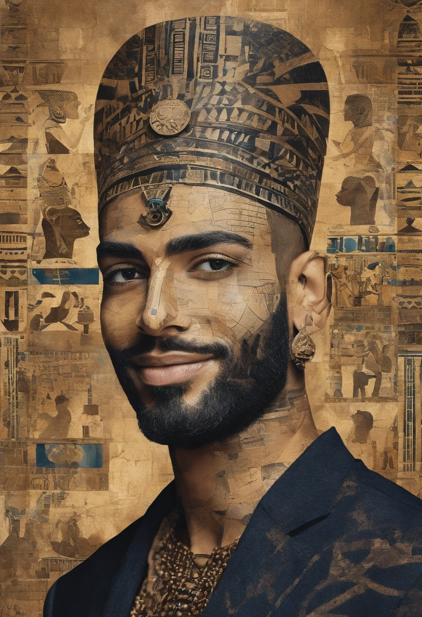 The smiling Egyptian man was covered in small people wearing various forms of black clothing., In the form of detailed atmospheric portraits, Indigo and Bronze, Made from all of the above, social media portrait photography, exquisite texture, disrupted, funny expressions,funny expression
