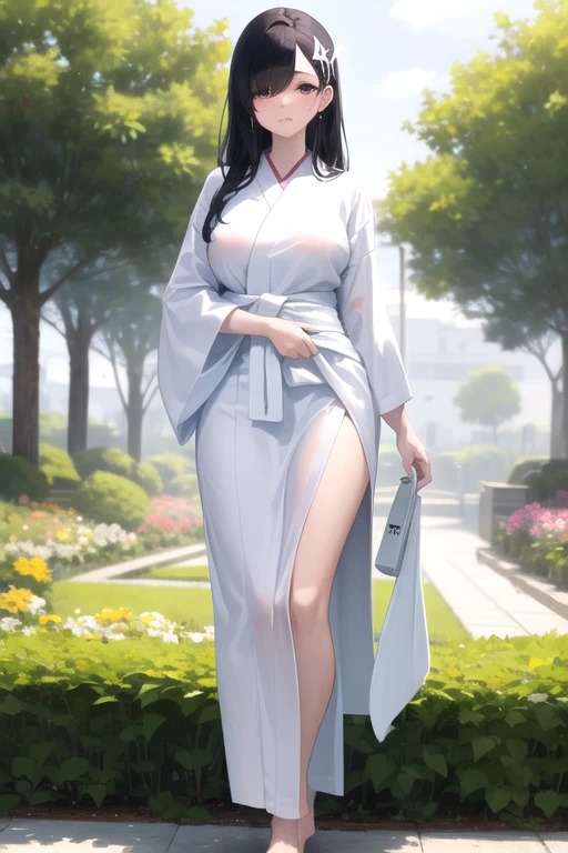 1 girl, full body, 19 years old, all white skin, head without any adornment, embarrassed face, black hair, straight hair, long hair, bangs covering her right eye, all white yukata, no drawings, somewhat tight, white ribbon on her waist, unadorned, huge magenta eyes, medium breasts, slim body, tall, barefoot, looking towards me, sunny background, garden, anime