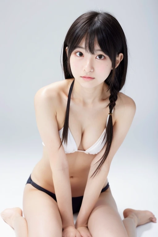 Beautiful and cute Japanese woman, inorganic white Snow White background, natural skin, cute, expressionless, neatly arranged black straight long hair, neatly arranged long bangs, 18 years old, young face, , short stature, bikini, Small breasts, natural skin, sitting on the floor with a straight back, full body photo, neat ponytail
