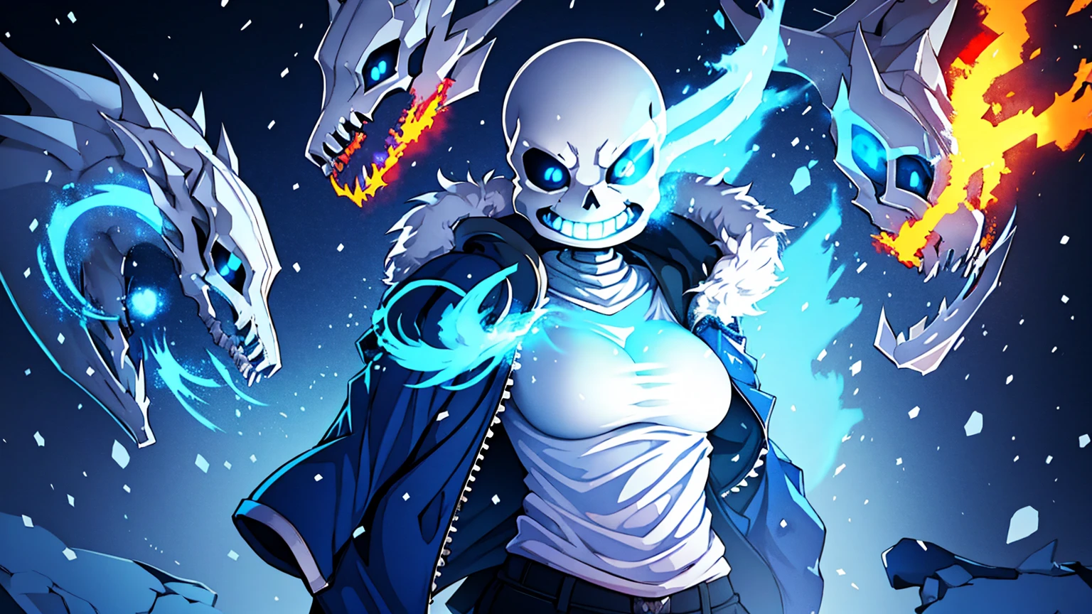 Toby Fox Undertale Sans blue jacket white shirt,Fire eyes skull smile white short hair glowing sexy dragon skull cannon one standing in the snow town Femininefull big breast breast enlargement full-body shot illustration, ultra-detailed, HDR, vibrant colors, soft lighting