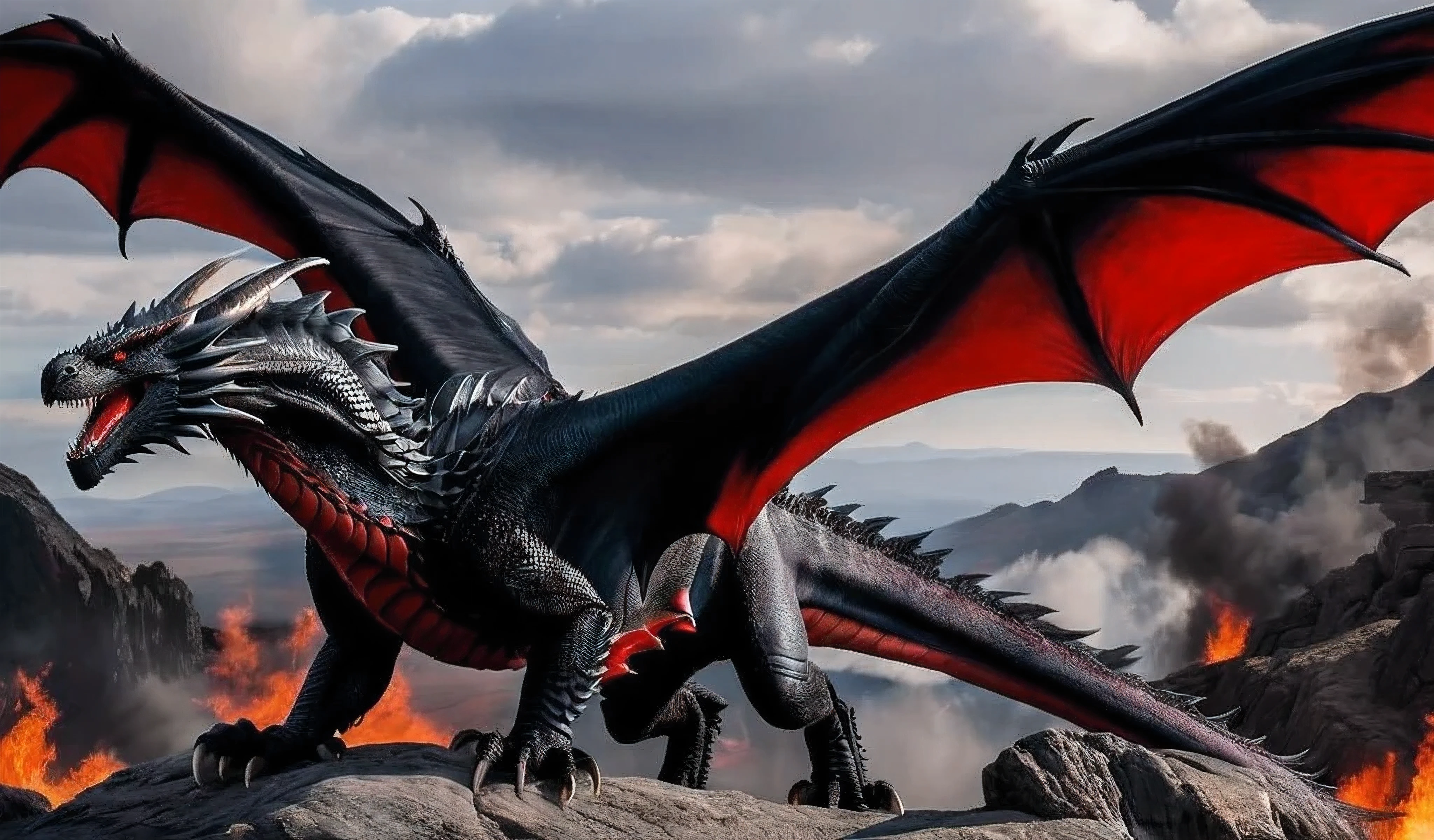 Center Full body shot, best quality, realistic. Drogon is the largest of Targaryen's dragons. His black scales are slashed with streaks of vivid scarlet red. His horns and wings are also scarlet red, and his eyes are red as coals. As typical of dragons, his teeth are black. His flame is black fire shot with red. The span of his wings is three times the length of his body, and most of his body appears to be neck, tail, and wing.
