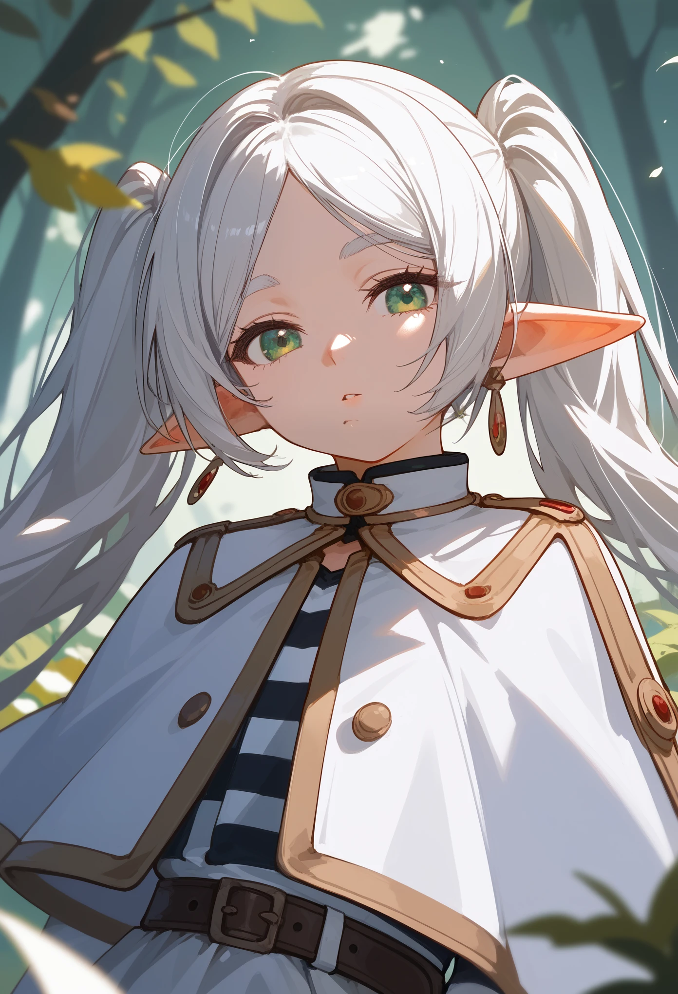 masterpiece, best quality, very aesthetic, (score_9, score_8_up, score_7_up), BREAK 1girl, close-up, (FrierenBase), green eyes, elf ears, pointy ears, innexpressive, head tilt, looking at viewer, white hair, long hair, twintails, earrings, white capelet, striped shirt, black stripes, long sleeves, belt, white skirt, black pantyhose, looking at viewer, forest