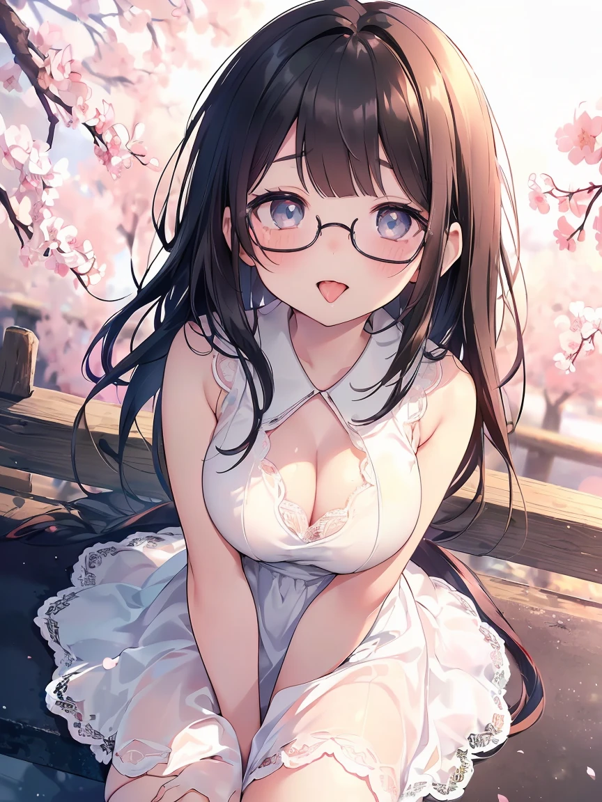 Very detailed, highest quality, High resolution, Moe Anime, ((A cute elementary school girl with black hair and droopy eyes)), ((Wearing large round glasses:1.4)), (Baby Face), Cute eyes, Detailed eye depiction, Sparkle in the eyes, View your viewers, Dark eye color, Pale skin, (Big eyes:1.4, Droopy eyes:1.4, Fatty face:1.4), smile, Focus on the face, In the park with cherry blossoms falling, Sitting, (Extreme close up of tongue), (((From above))), Open your mouth, (((Face only:1.3))), ((white lace sleeveless dress:1.2)), Bright Eyes, Light from the front, (Put your hands between your legs:1.4), large and long tongue, Cleavage