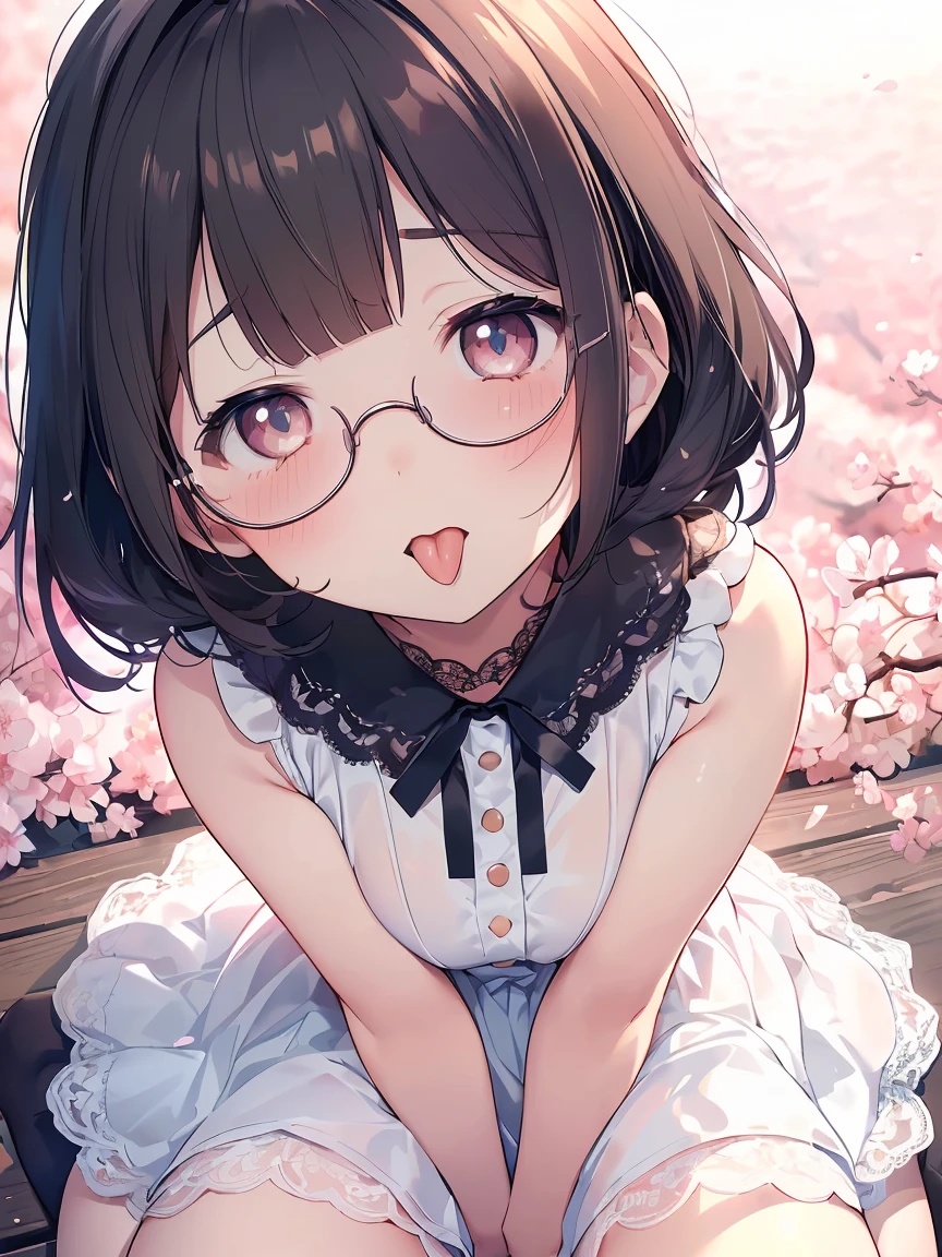 Very detailed, highest quality, High resolution, Moe Anime, ((A cute elementary school girl with black hair and droopy eyes)), ((Wearing large round glasses:1.4)), (Baby Face), Cute eyes, Detailed eye depiction, Sparkle in the eyes, View your viewers, Dark eye color, Pale skin, (Big eyes:1.4, Droopy eyes:1.4, Fatty face:1.4), smile, Focus on the face, In the park with cherry blossoms falling, Sitting, (Extreme close up of tongue), (((From above))), Open your mouth, (((Face only:1.3))), ((white lace sleeveless dress:1.2)), Bright Eyes, Light from the front, (Put your hands between your legs:1.4), large and long tongue, Cleavage