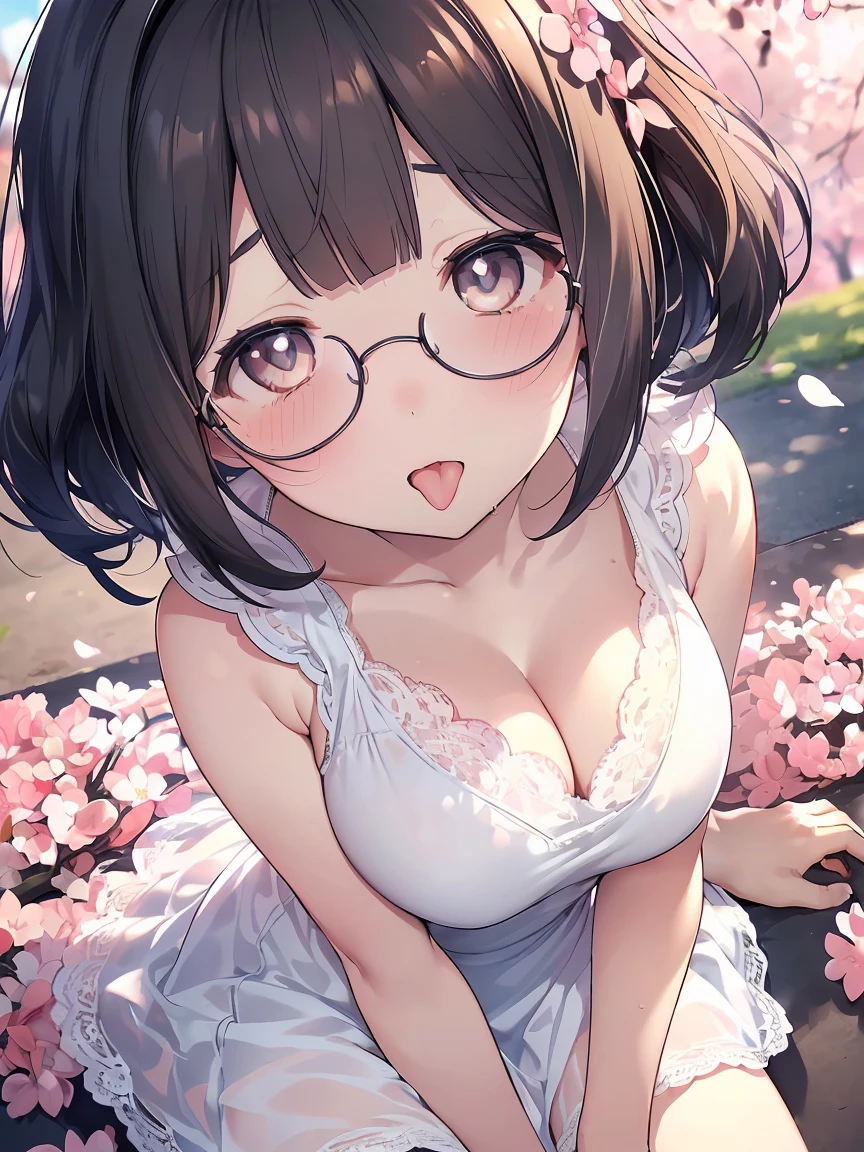 Very detailed, highest quality, High resolution, Moe Anime, ((A cute  with black hair and droopy eyes)), ((Wearing large round glasses:1.4)), (Baby Face), Cute eyes, eye depiction, Sparkle in the eyes, View your viewers, Dark eye color, Pale skin, (Big eyes:1.4, Droopy eyes:1.4, Fatty face:1.4), smile, Focus on the face, In the park with cherry blossoms falling, Sitting, (Extreme close up of tongue), (((From above))), Open your mouth, (((Face only:1.3))), ((white lace sleeveless dress:1.2)), Bright Eyes, Light from the front, (Put your hands between your legs:1.4), large and long tongue, Cleavage