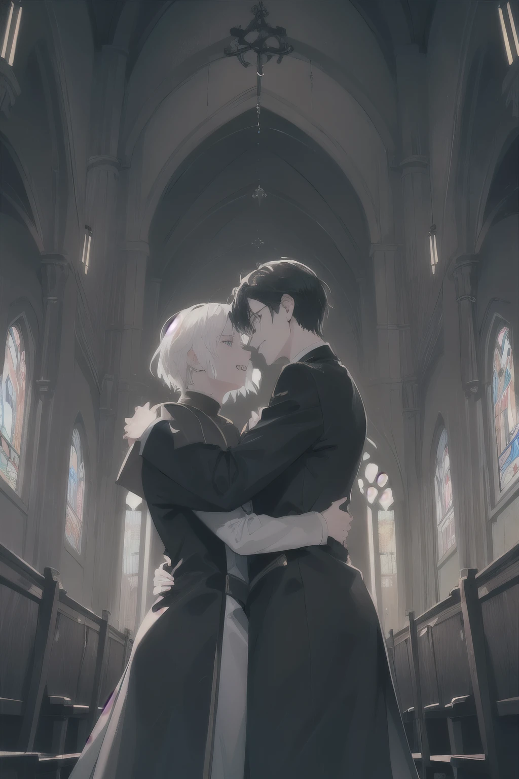 ((Dark colors)), (moody atmosphere), (2 characters), (male characters), (White hair), (black hair), (pose - hugs), (Madness), maniacalnost, Perspective, Frame from below, (church), priests' clothing, (cool colors), (cold lighting), dust, crosses, night, (Moonlight), voltage, fear, kidnapping