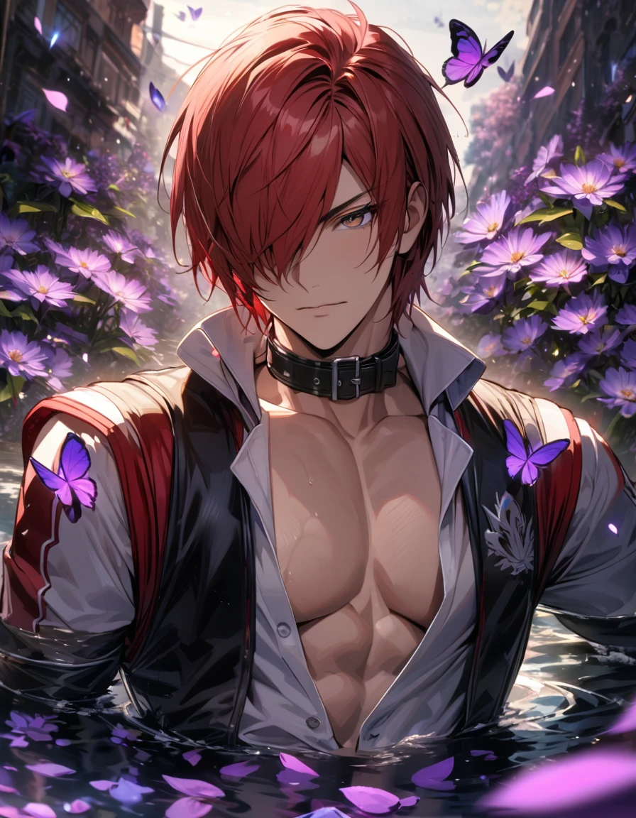 Ultra detailed, Highres, absurdres, HDR, Iori Yagami, red hair, short hair, hair over the right eye, expressive brown eyes, black vest, black collar, white tight shirt, The King Of Fighters, purple flowers, petals, extremely handsome, sexy man, solo, very detailed eyes and face, purple butterflies, water, master piece, best quality, toned chest,