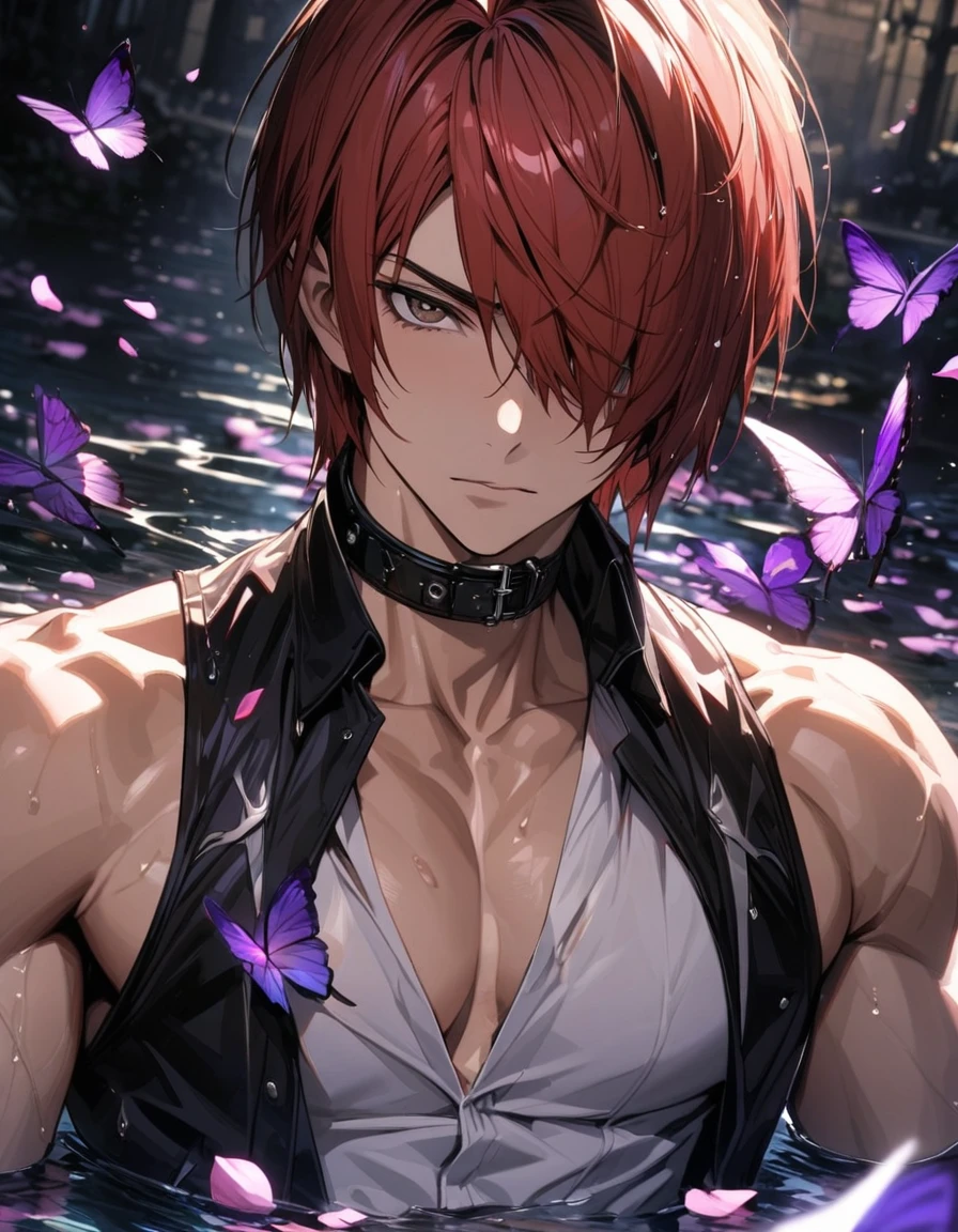 Ultra detailed, Highres, absurdres, HDR, Iori Yagami, red hair, short hair, hair over the right eye, expressive brown eyes, black vest, black collar, white tight shirt, The King Of Fighters, purple flowers, petals, extremely handsome, sexy man, solo, very detailed eyes and face, purple butterflies, water, master piece, best quality, toned chest,