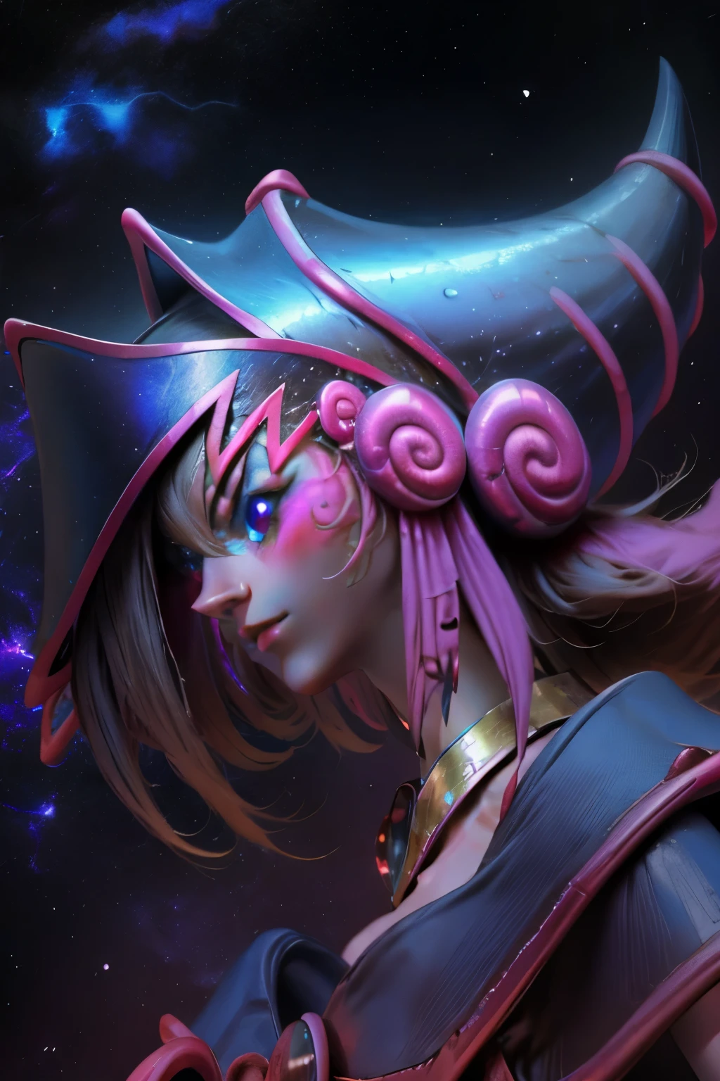 Giles magos oscuros. magos oscuros. ojos azules. cabello rubio. labios rojos. Detailed Features.., cosmic colors, ethereal lighting, Pintura surrealista, high resolution, otherworldly atmosphere, Seres celestiales. Hermosa diosa