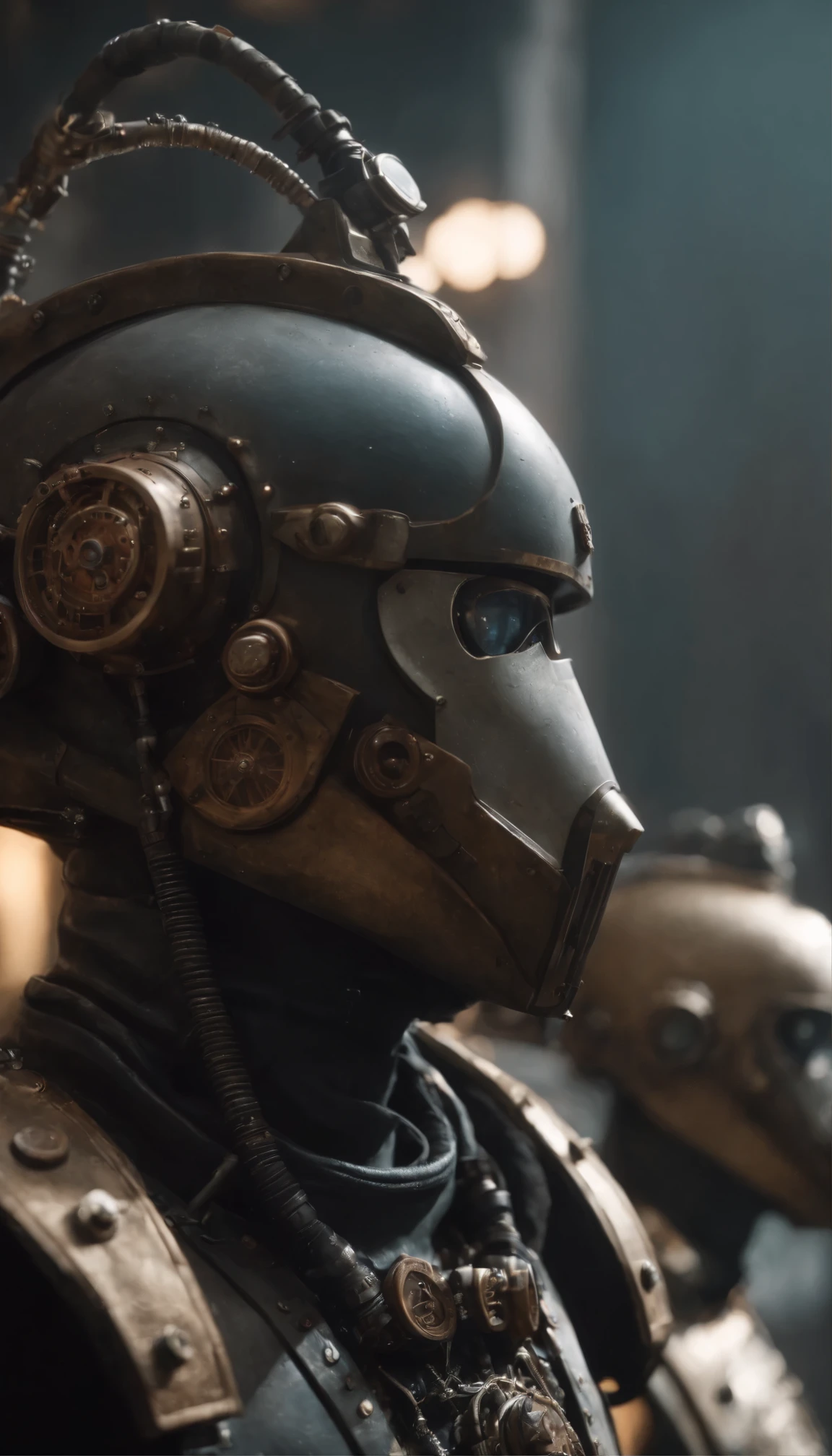 Intricately designed cyber steampunk scene、Four men wearing helmets standing in a row、Each exudes an air of mystery and determination.。A man's helmet glitters in the dark moors of Wales.、The background features rusty machinery and an old TV screen displaying distorted static.。This fascinating screenshot is、It is taken from the fifth series of the animated show Anthropomorphic Machines.、8K resolution showcases high-resolution 3D details。The man's expression、From intense concentration to quiet meditation、Steampunk armor reflects light with mesmerizing metallic hues。The overall scene is