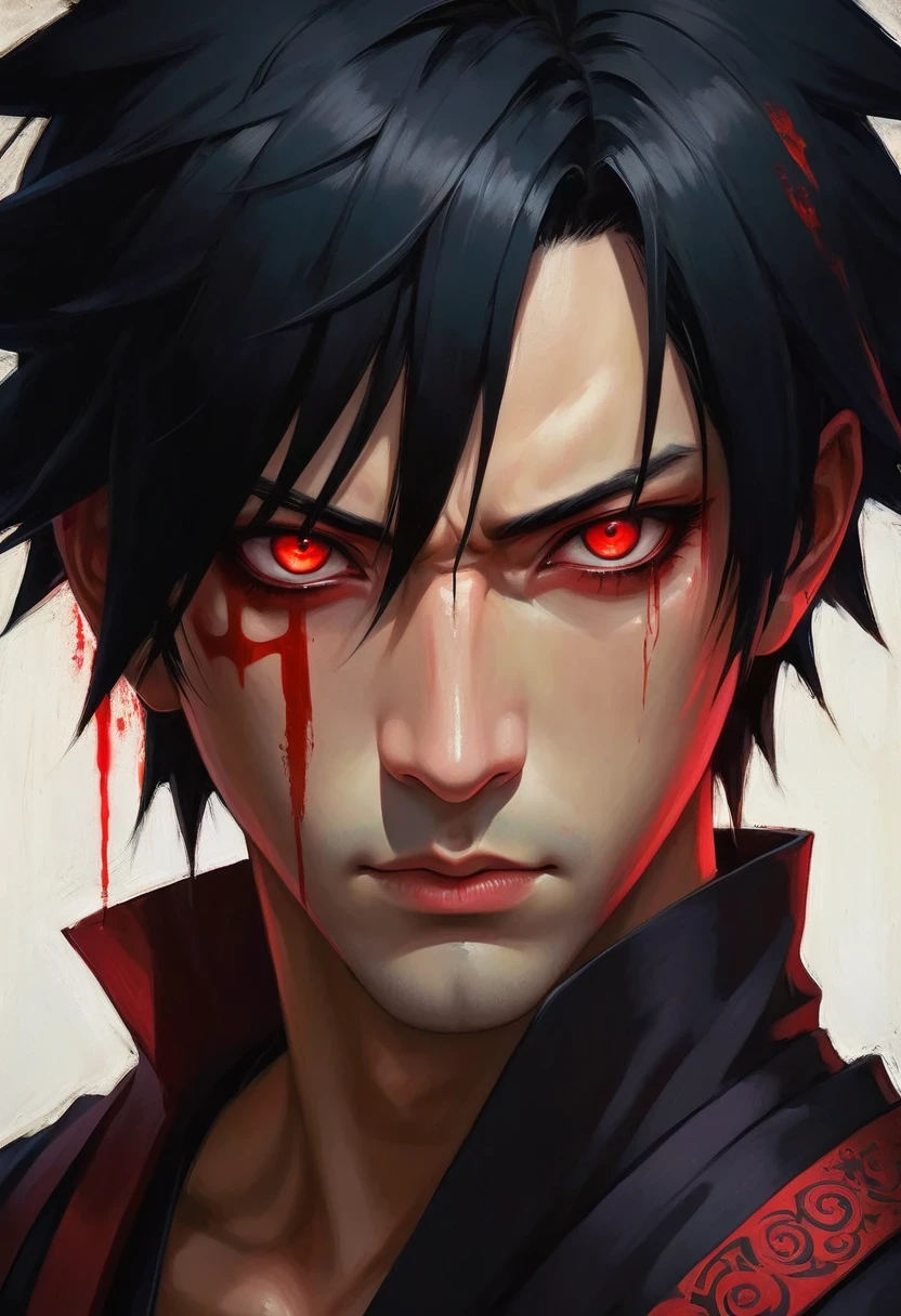 Sasuke uchiha with sharingan eyes, malcolm liepke painting on sensual illustration of an elegant samurai, riot games concept art beauty, eerie, the model draped in flowing, thick oil painting, extremely soft colors, vibrant, highly detailed, , oil on linen, high contrast, dramatic, refined, tonal, a close up of a man with a bloody face and red eyes, with glowing red eyes, with red glowing eyes, red glowing eyes, portrait demon half human, red eyes glowing, glowing red eyes, scary look, portrait of a sasuke with red eyes, red - eyed, red-eyed