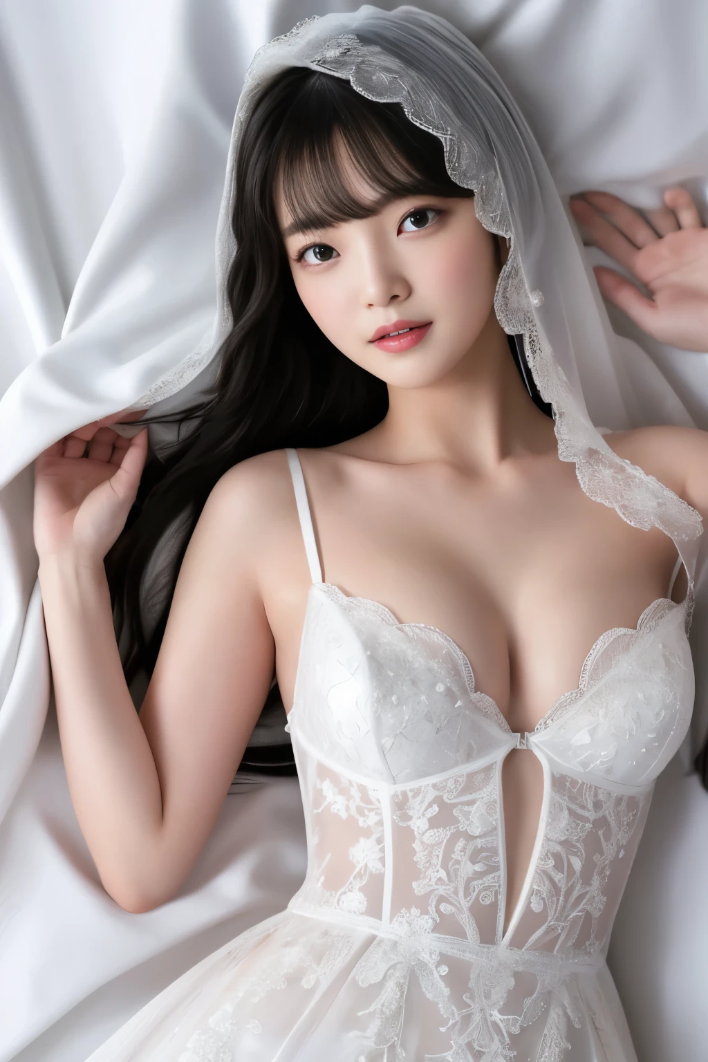 Masterpiece、highest quality、Woman 1、Super detailed、Top view、Gravure idol Black Hair、Straight Hair、Light bangs Wedding dress、White Veil Lying on white sheets、Lie on your back、Gravure pose、Lying Pose White sheets background