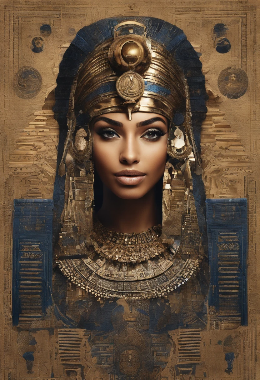 Smiling Egyptian girl covered in various little people wearing black clothes., In the form of detailed atmospheric portraits, Indigo and Bronze, Made from all of the above, social media portrait photography, exquisite texture, disrupted, funny expressions,funny expression