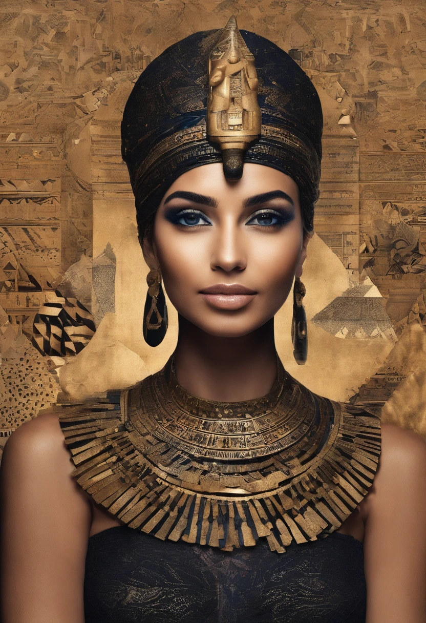 Smiling Egyptian girl covered in various little people wearing black clothes., In the form of detailed atmospheric portraits, Indigo and Bronze, Made from all of the above, social media portrait photography, exquisite texture, disrupted, funny expressions,funny expression