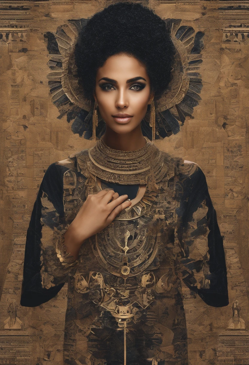 Smiling Egyptian girl covered in various little people wearing black clothes., In the form of detailed atmospheric portraits, Indigo and Bronze, Made from all of the above, social media portrait photography, exquisite texture, disrupted, funny expressions,funny expression