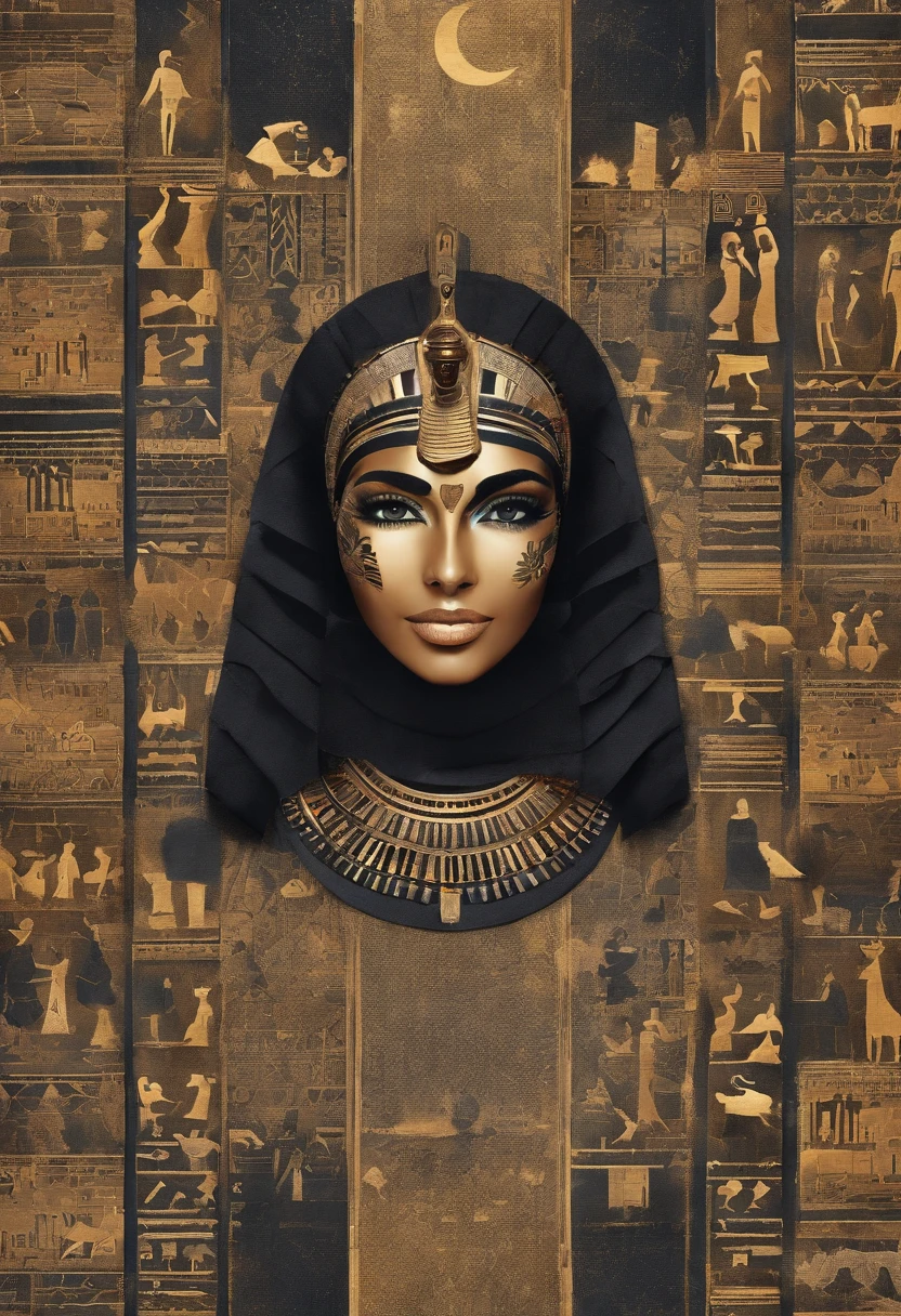 Smiling Egyptian girl covered in various little people wearing black clothes., In the form of detailed atmospheric portraits, Indigo and Bronze, Made from all of the above, social media portrait photography, exquisite texture, disrupted, funny expressions,funny expression