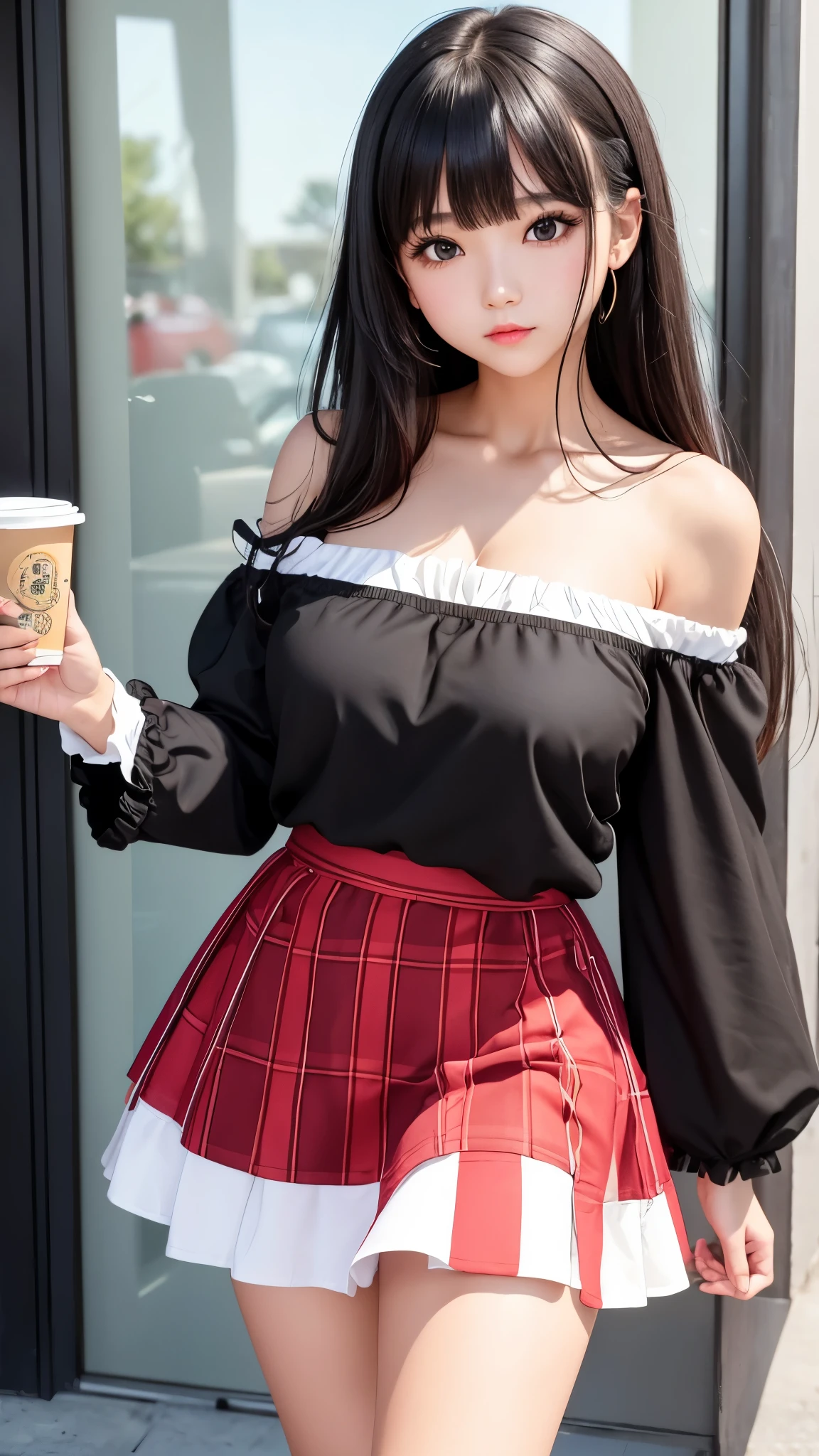 Detailed face、highlight、girl、thigh、breast enhancement、black髪、Heavy bangs、(Off the shoulder、)(Checked skirt、black、red、white、)