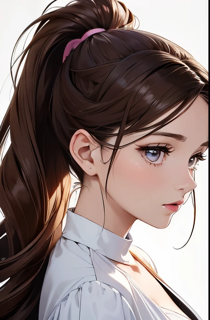 Masterpiece, Best Quality, 1girls, profile, ponytail, updo hair, nape of neck, pink lips, slightly upturned nose, long eyelashes, realistic skin texture, attractive face, blurred, white background, charming cute adult girl, shiny brown long hair, shiny bright brown eyes, attractive cute face,