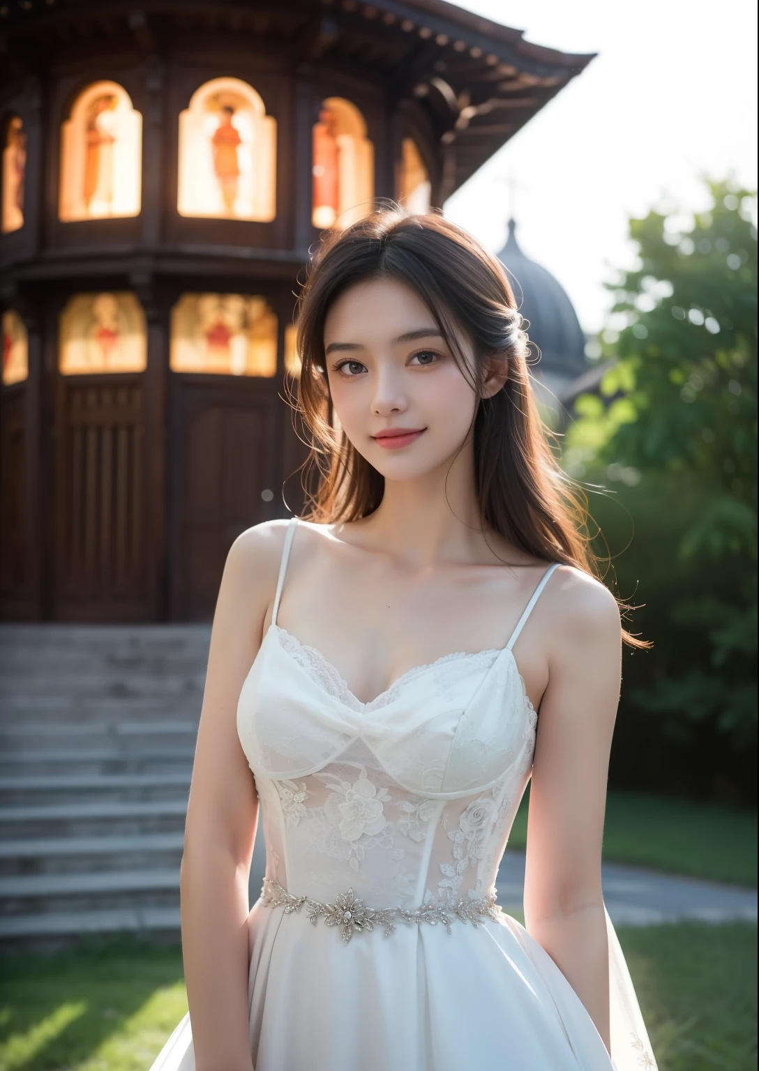 Beautiful 19 year old woman。She is wearing a summer wedding dress. She is shying and smiling on illuminated by the evening church lights . romantic sunset. her dark brown hair. High resolution、masterpiece、highest quality、頭w:1.0、((Hasselblad Photos))、fine skin、(movie lighting)、clavicle . upper body picture.