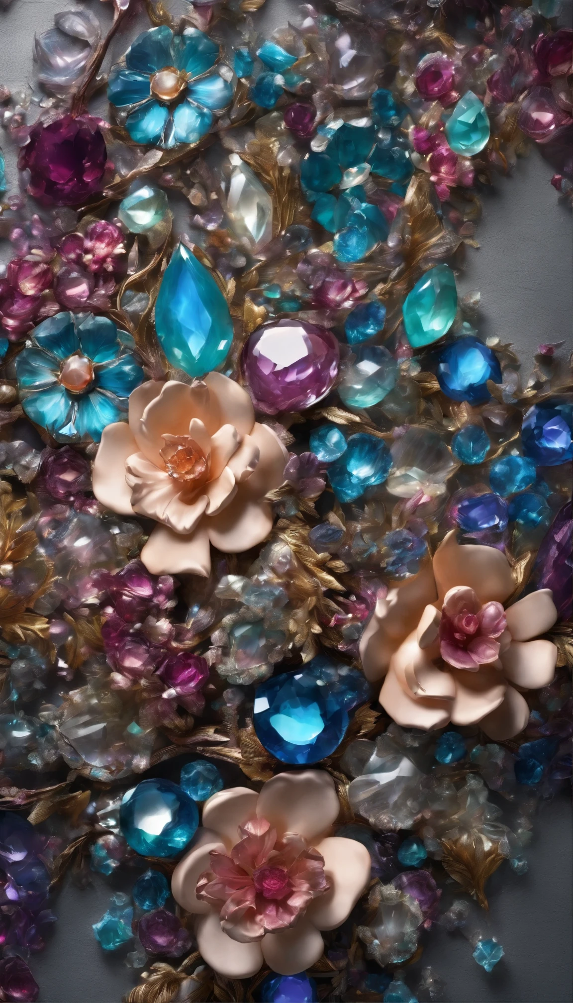 All expressed with colorfull jewels, the arrival of spring, various beautiful flower made of jewels, angles looking up from below, various jewels falling from the sky, wonderful and beautiful superb view, slightly hazy, fantastic, high resolution, 8K, (best quality, highres, realistic:1.37), shiny metallic flowers, intricate and delicate petals, reflective surfaces, vibrant colors, intricate details, close-up view, surreal garden, surreal beauty, dreamy atmosphere, fine art, abstract botanicals, metallic sculpture, contrasting textures, ethereal glow, Neon lights covered with various flowers shaped like gemstones.