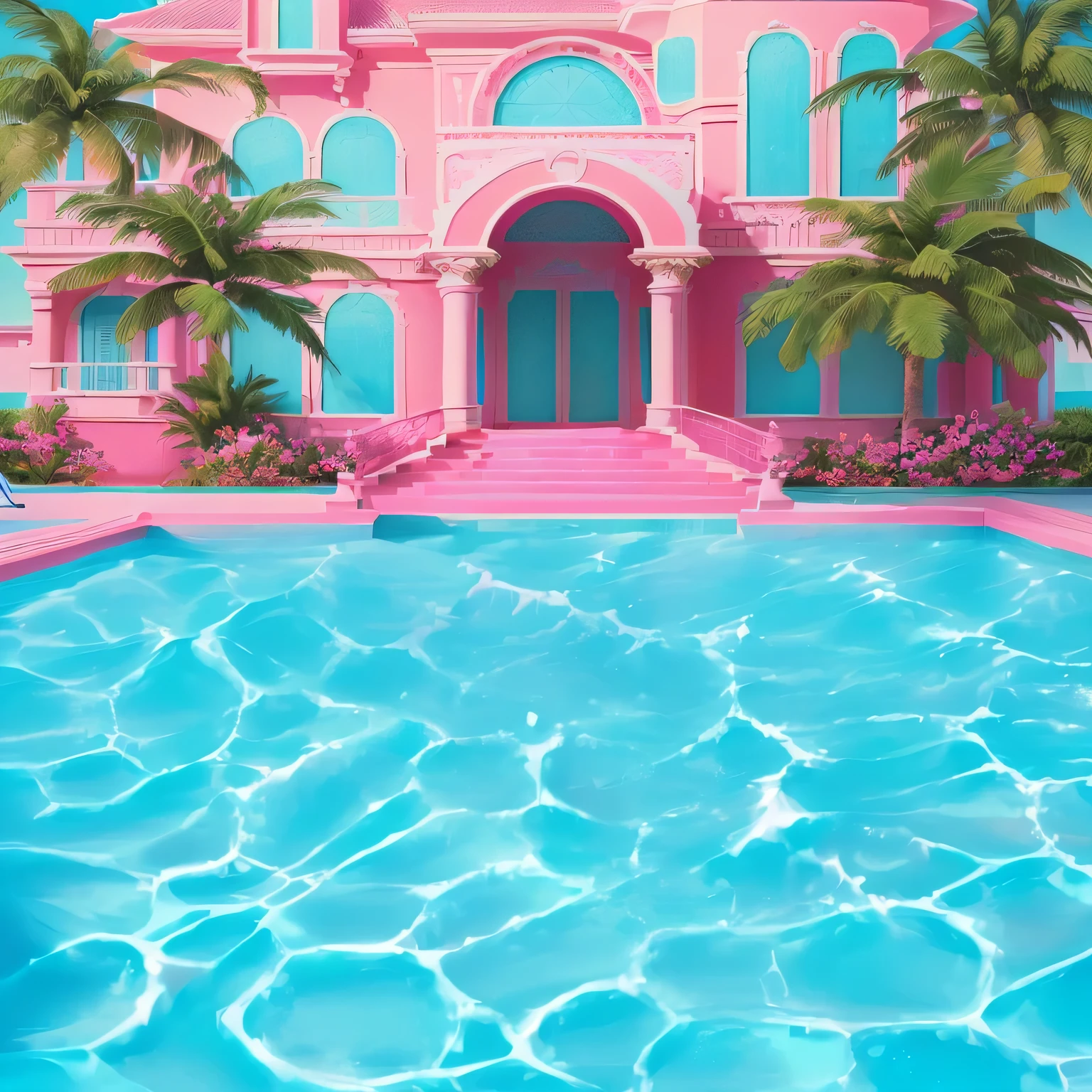 illustration of a pink mansion with a pool and palm trees, Vaporwave Building, pool , House background, Beautiful background, majestic masterpiece, poolside, a pool inside the giant palace, Barbie, Palace Background, Water House, tropical paradise, Amazing background, Just a joke, very detailed paradise, dream pool, Gorgeous background, pink waterfalls, dreampool rooms