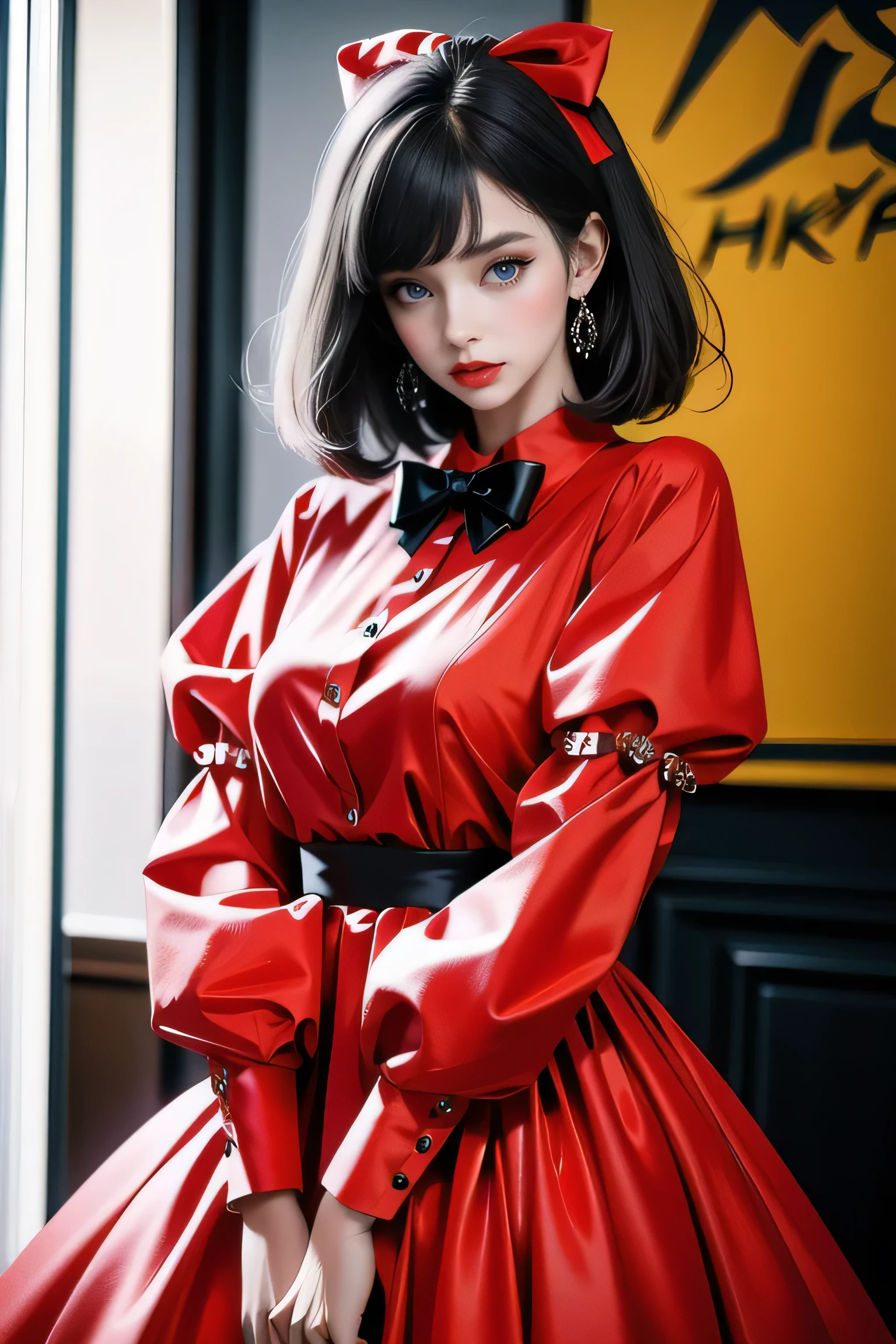 ((masterpiece), (Realistic),highest quality:1, High resolution, 4K, 超High resolution), One girl,dress,View your viewers, lanthanum,Long sleeve,red dress,candy,bangs,alone,Puffy sleeves,blue eyes,black bow,Gray Hair,bow,short hair,jewelry,Juliet Sleeve,Lollipop,blush,Mouth closed,hair bow