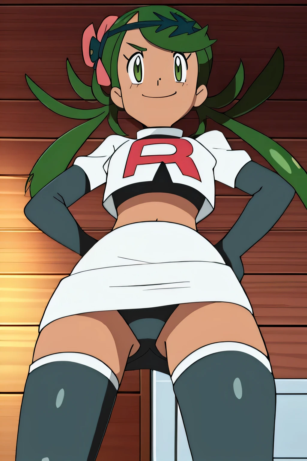 masterpiece,best quality,high res,high quality,8k, masterpiece,highres, team rocket uniform, red letter r, white skirt,white crop top,black thigh-high boots, black elbow gloves, evil smile, looking down at viewer, hands on hips, cowboy shot, zettai ryouiki,spread legs,from below, black panties,anime style, vivid colors, sharp focus, intense lighting,defMallow, dark skin, hair flower, hair ornament,twintails, green hair