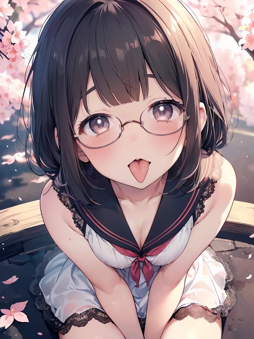 Very detailed, highest quality, High resolution, Moe Anime, ((A cute elementary school girl with black hair and droopy eyes)), ((Wearing large round glasses:1.4)), (Baby Face), Cute eyes, Detailed eye depiction, Sparkle in the eyes, View your viewers, Dark eye color, Pale skin, (Big eyes:1.4, Droopy eyes:1.4, Fatty face:1.4), smile, Focus on the face, In the park with cherry blossoms falling, Sitting, (Extreme close up of tongue), (((From above))), Open your mouth, (((Face only:1.3))), ((white lace sleeveless dress:1.2)), Bright Eyes, Light from the front, (Put your hands between your legs:1.4), large and long tongue, Cleavage