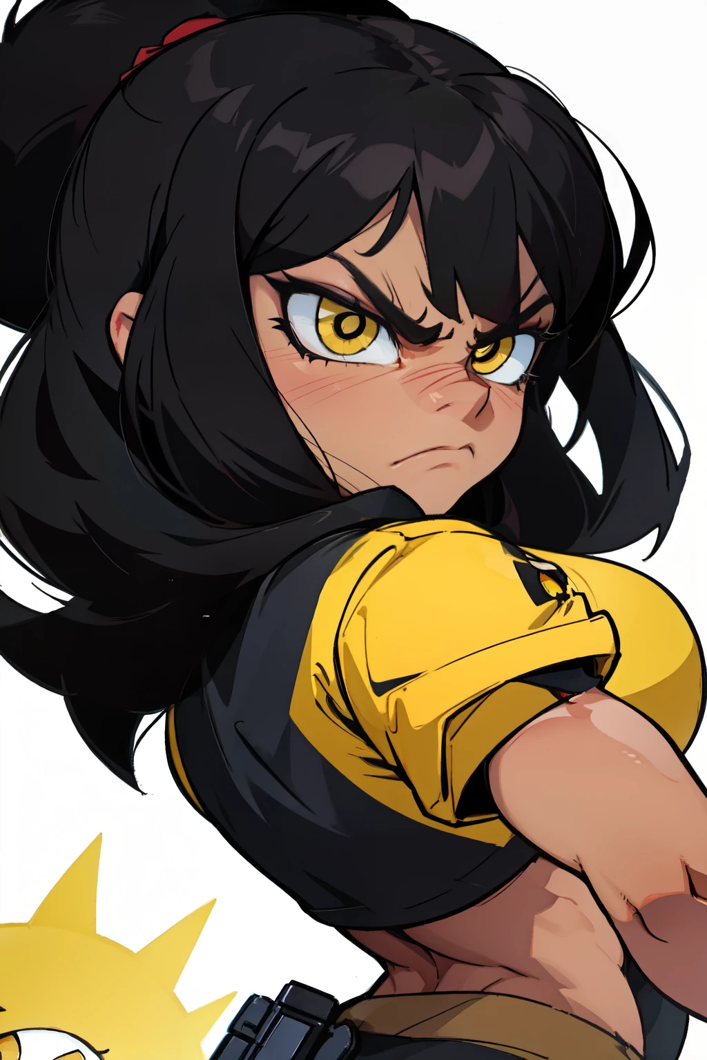 ((1 girl)), extremely long hair, solo, ((muscular)), veins, black hair, yellow eyes, pale skin, strong, veins, abs, (huge breasts), sulking tight shirt