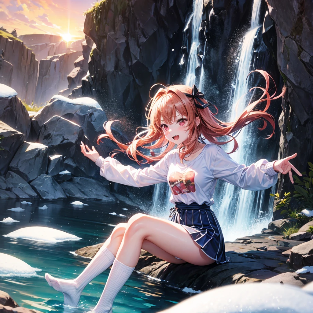 Pink gold golden hair、Red eyes、One good looking girl、solo、anime、Checkered mini skirt、The skirt has buttons、one piece、Blue camisole、White T-shirt、Jin、Long sleeve、Black knee-high socks、Wearing a ribbon、Ribbon on waist、Tilting face、Teeth are visible、waterfall、tunnel、Sunset sky、The water surface is exploding、The rocks are exploding、Penguins are walking、Snow is piled up、Magician