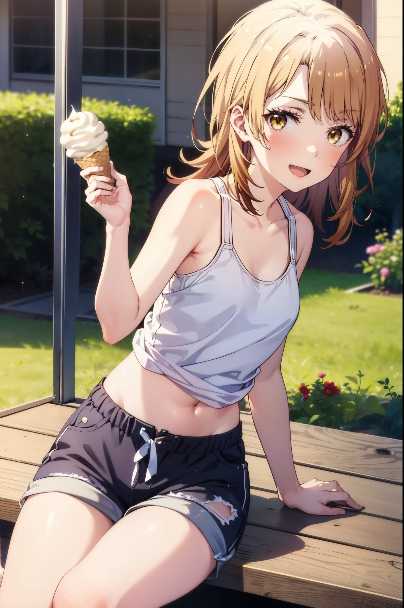 irohaisshiki, Iroha Isshiki, Long Hair, Brown Hair, (Brown eyes:1.5), happy smile, smile, Open your mouth,blush,Sweat,Tank top shirt,Wet clothes,Belly button,Shorts,barefoot,Holding and eating an ice cream,Daytime,Clear skies,Sitting cross-legged on a bench in a Japanese-style garden,wind chimes,whole bodyがイラストに入るように,House garden,
break indoors, Veranda,terrace,
break looking at viewer,whole body,(Cowboy Shot:1. 5)
break (masterpiece:1.2), highest quality, High resolution, unity 8k wallpaper, (figure:0.8), (Beautiful fine details:1.6), Highly detailed face, Perfect lighting, Highly detailed CG, (Perfect hands, Perfect Anatomy),