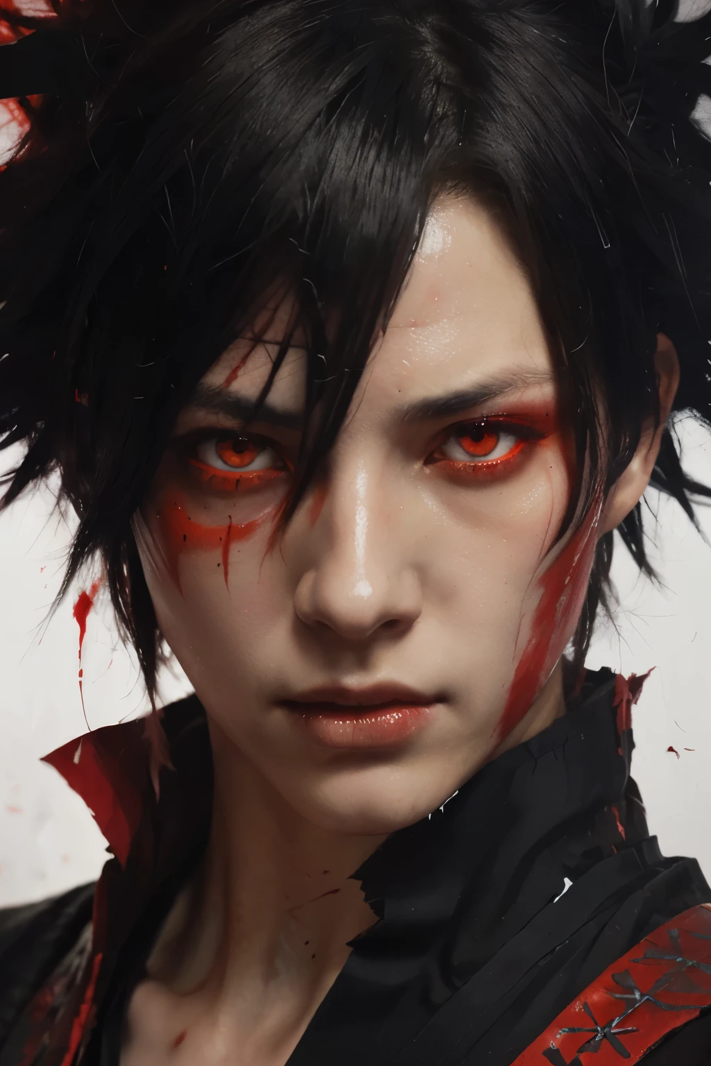 Sasuke uchiha with sharingan eyes, malcolm liepke painting on sensual illustration of an elegant samurai, riot games concept art beauty, eerie, the model draped in flowing, thick oil painting, extremely soft colors, vibrant, highly detailed, , oil on linen, high contrast, dramatic, refined, tonal, a close up of a man with a bloody face and red eyes, with glowing red eyes, with red glowing eyes, red glowing eyes, portrait demon half human, red eyes glowing, glowing red eyes, scary look, portrait of a sasuke with red eyes, red - eyed, red-eyed