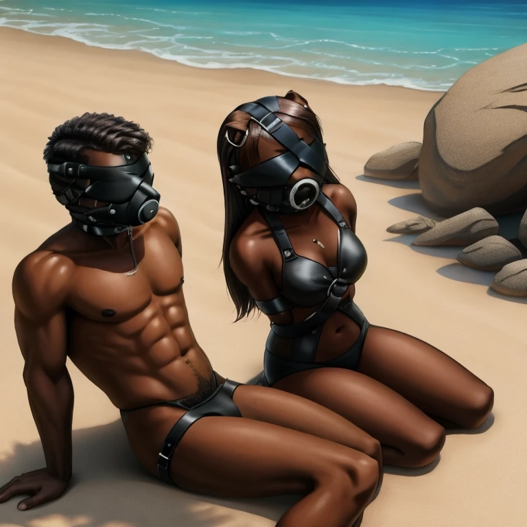 A heavy tanned dark skinned brown skinned boy with a blindfold and a plug gag, sitting beside a pale girl with no restraints, on a beach
