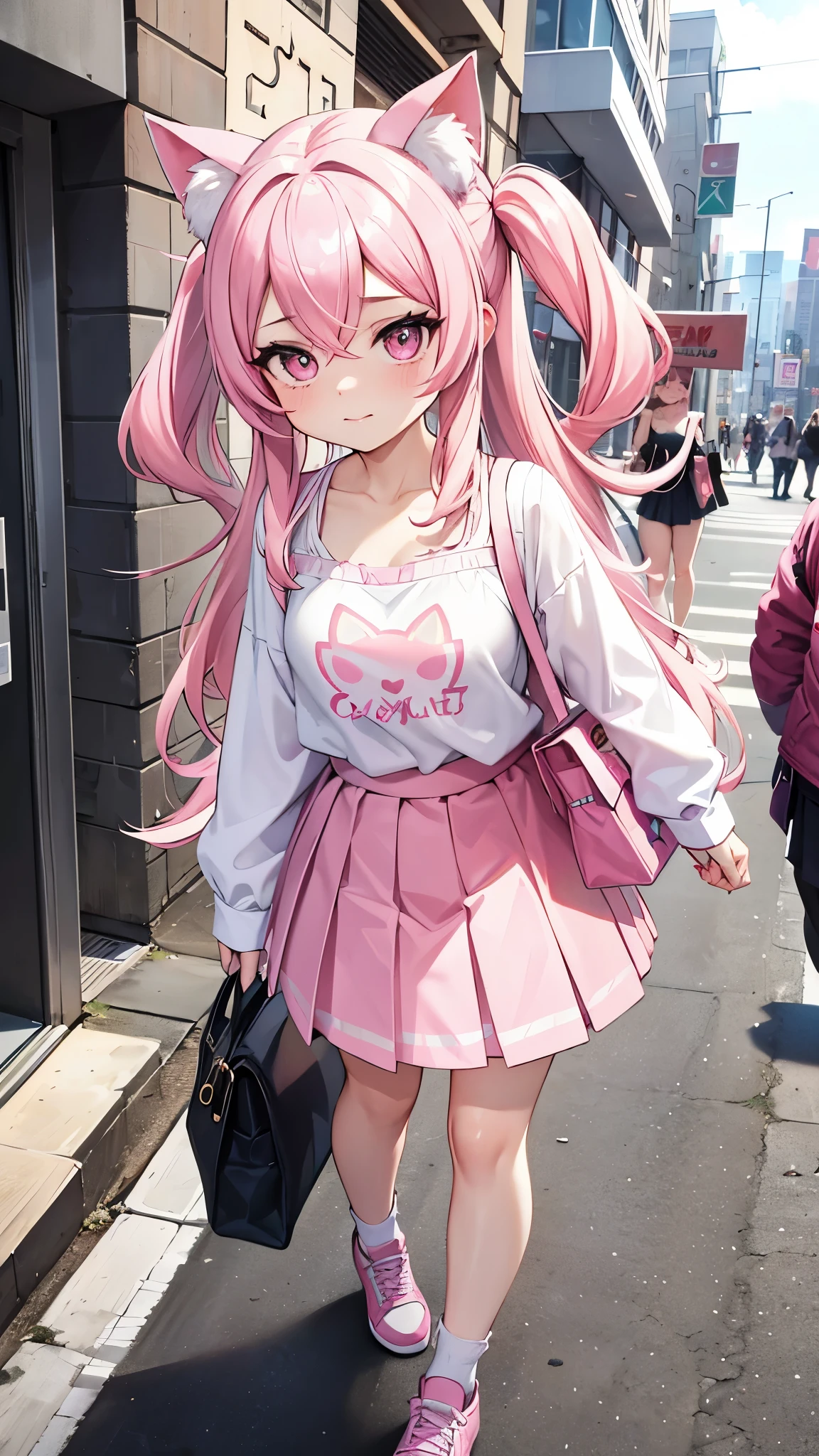 Belle Delphine,Wearing a pink top、Photo of a woman with pink hair walking down a city street,Cityscape,Pink pleated skirt,Day,Perfect lighting,Cat ear,Fits perfectly to the skin,