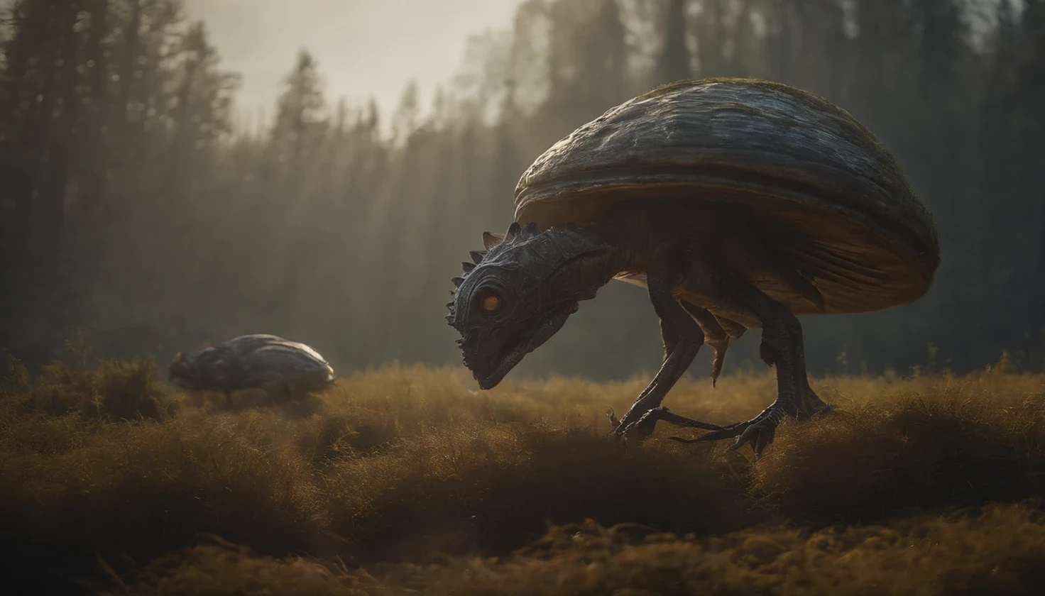 Strange alien landscape, Twin Suns, Atmospheric Color, fields, Background tree々, Dense foliage, animal, picturesque, photograph, synthwave、A huge herbivorous creature、