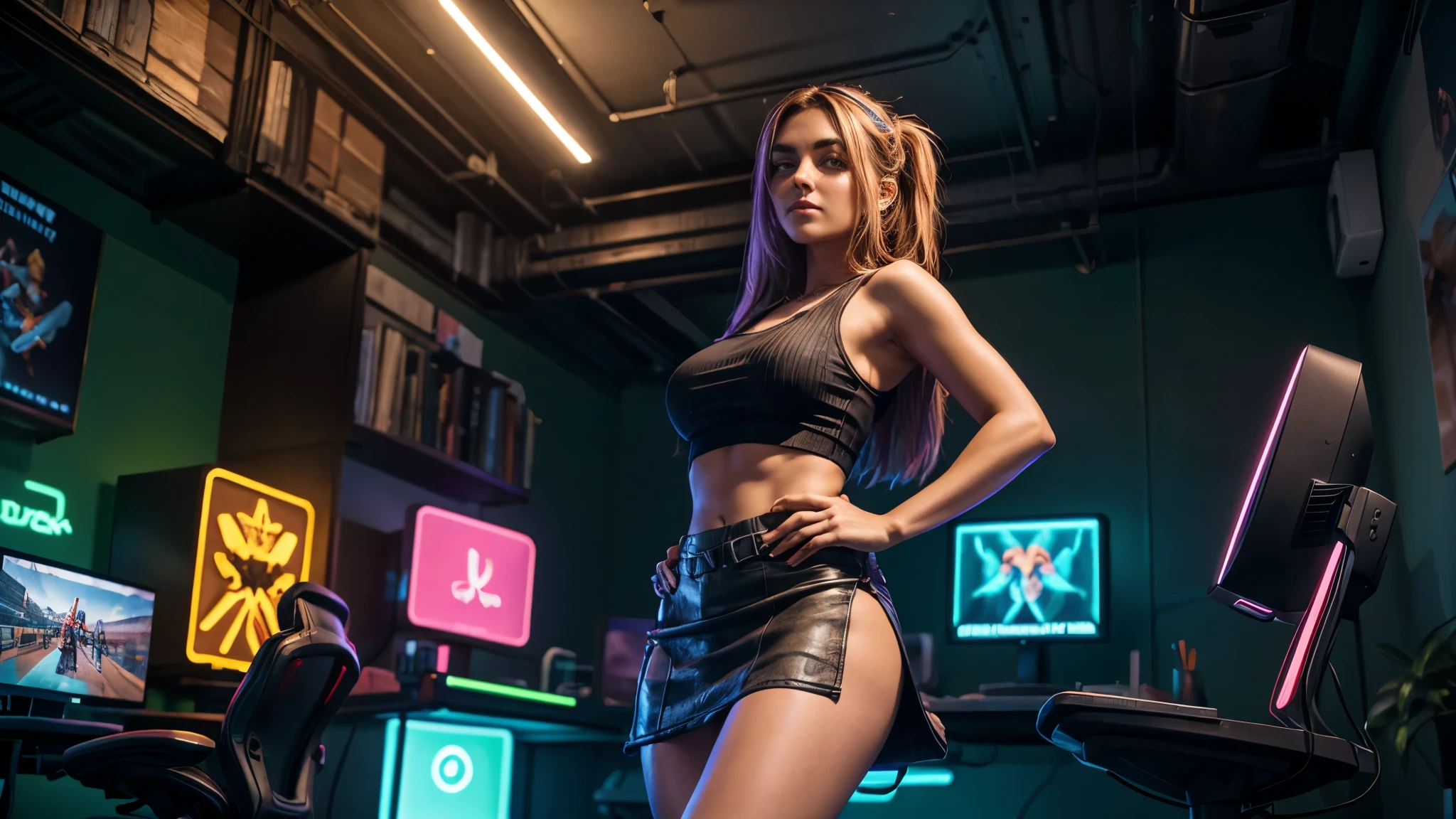 ((masterpiece)), ((high quality)), ((best quality)), a professional gamer, beautiful slim woman, perfect face, long straight hair, eyebrows, medium breasts, neon tank top, extreamly short neon miniskirt, thighs, perfect body anatomy , cowboy shot, speakers, computer monitor, gaming chair, indoor, low angle view, facing viewer, (highly detailed), realistic, neon lighting, (intricate detail), hd, 16k